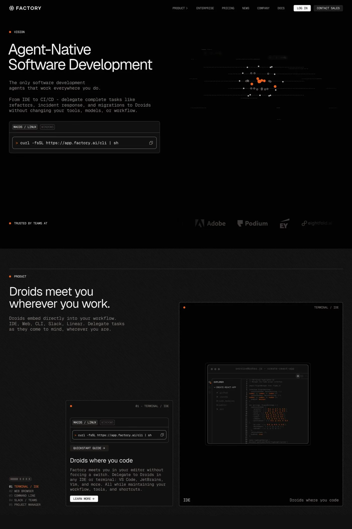 Factory — screenshot of an AI landing page in black and dark grey