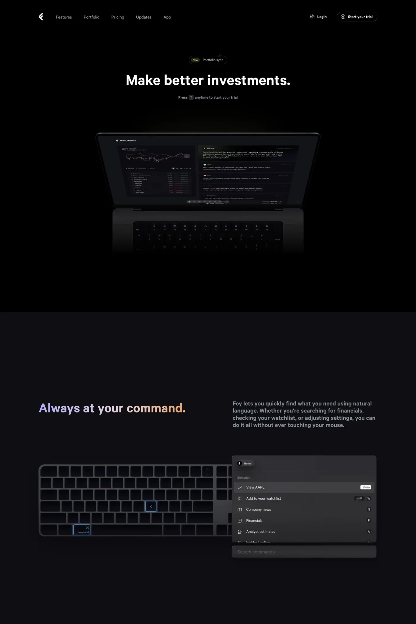 Fey — screenshot of a minimal, 3D finance landing page in black and light blue