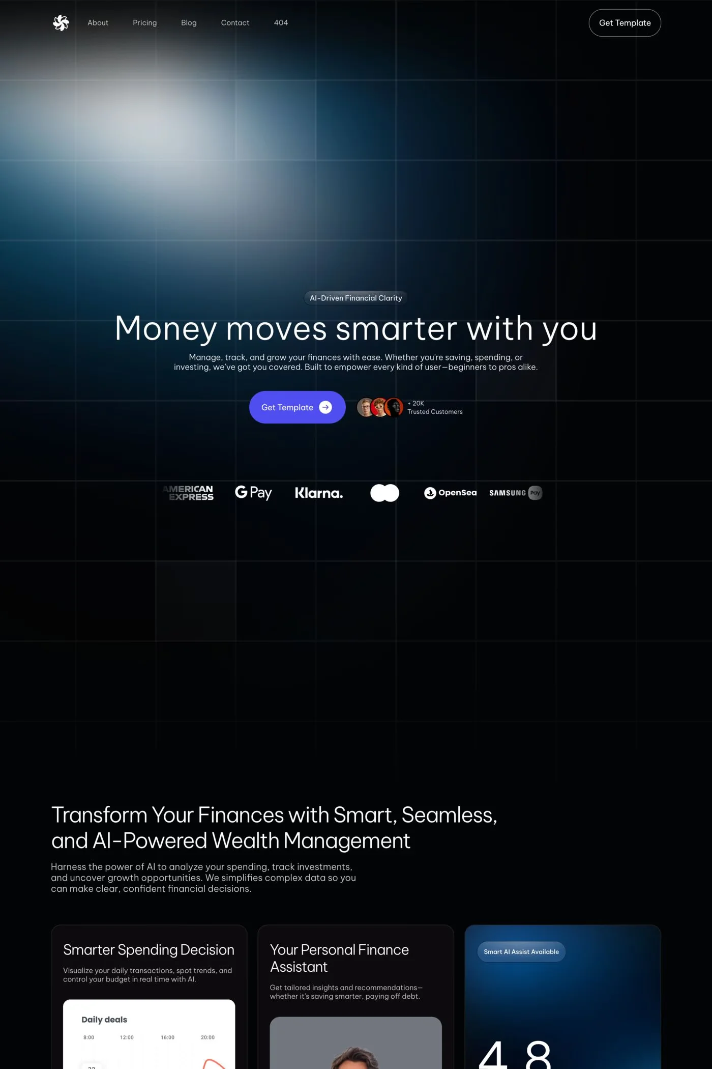 FinSight — screenshot of a dark finance landing page template in black and dark blue