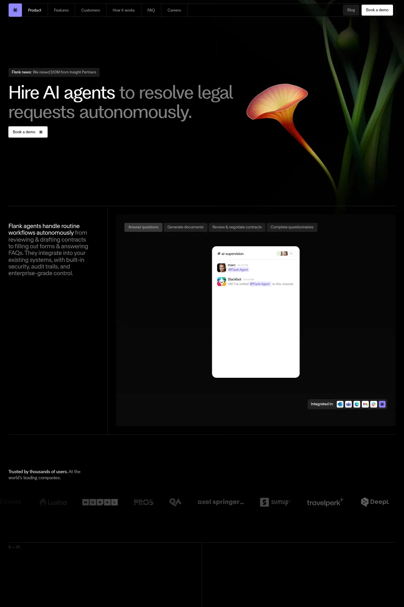 Flank — screenshot of a dark, pastel AI landing page in black and dark grey