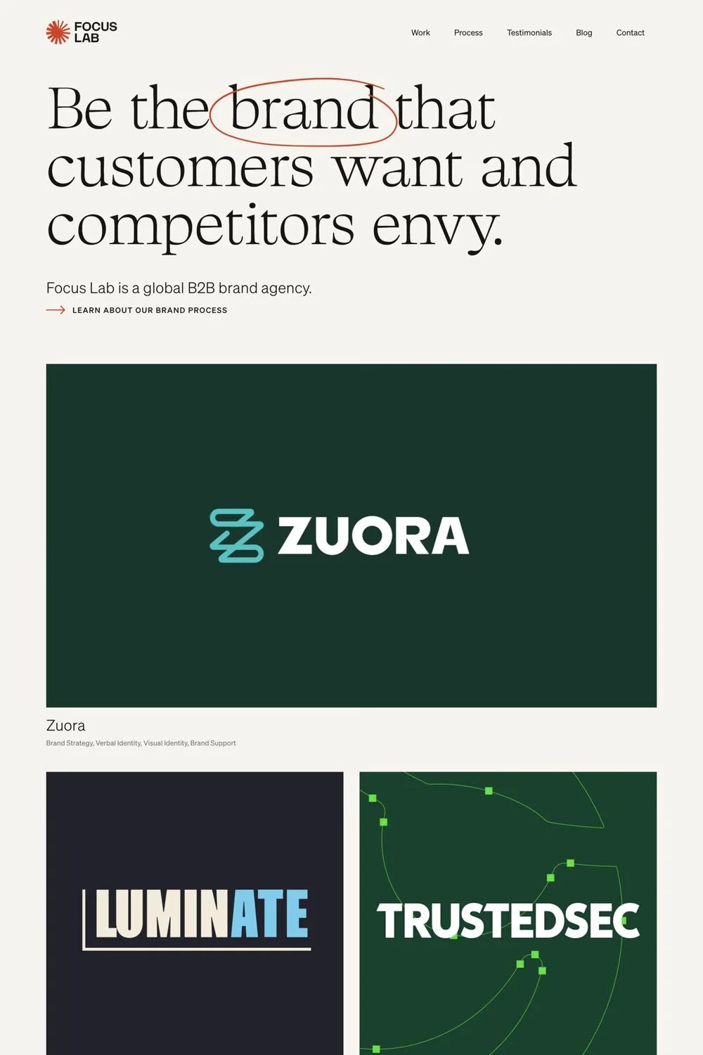 Focus Lab — screenshot of a typographic design agency site in beige and black