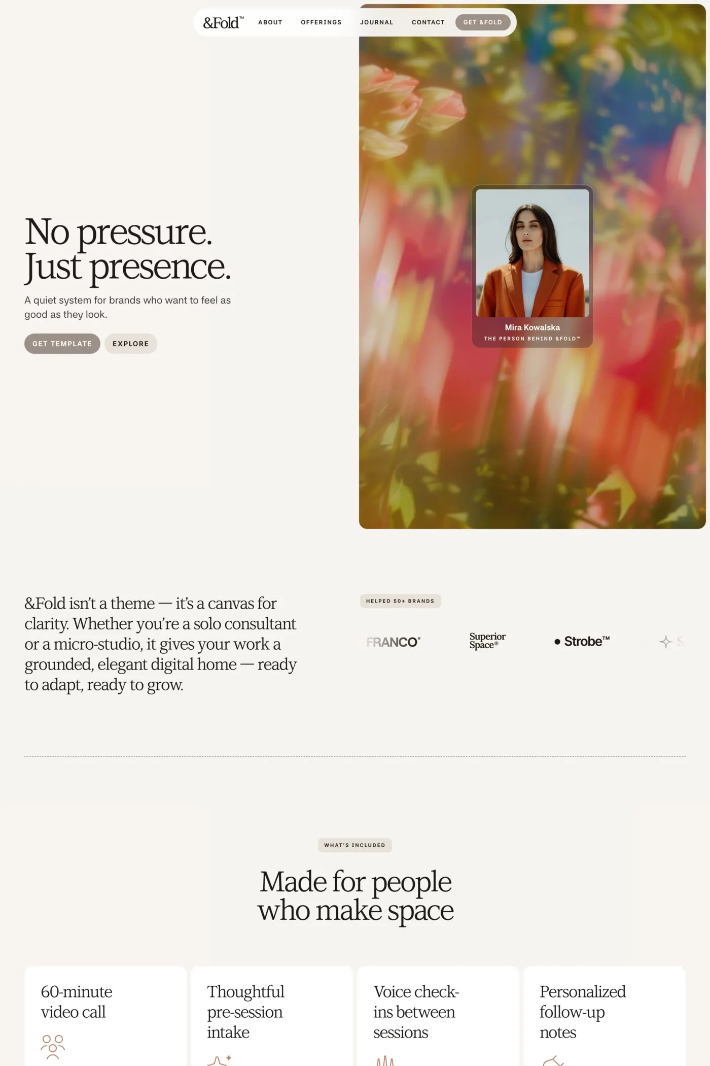 &Fold™ — screenshot of an elegant professional services landing page template in white and light grey