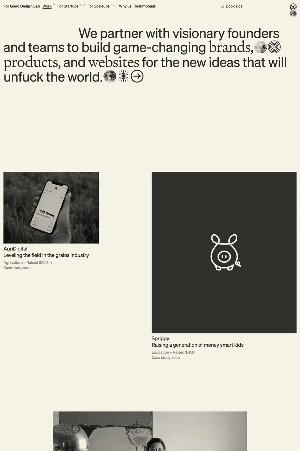 For Good Design Lab — screenshot of a minimal, monochrome design agency site in beige and dark red