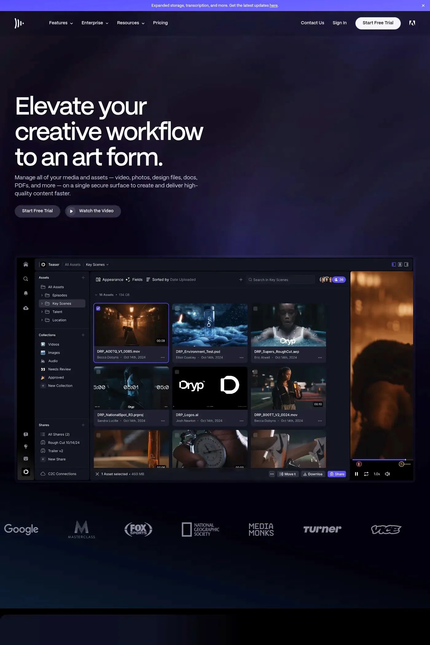 Frame.io — screenshot of a dark productivity landing page in black and purple