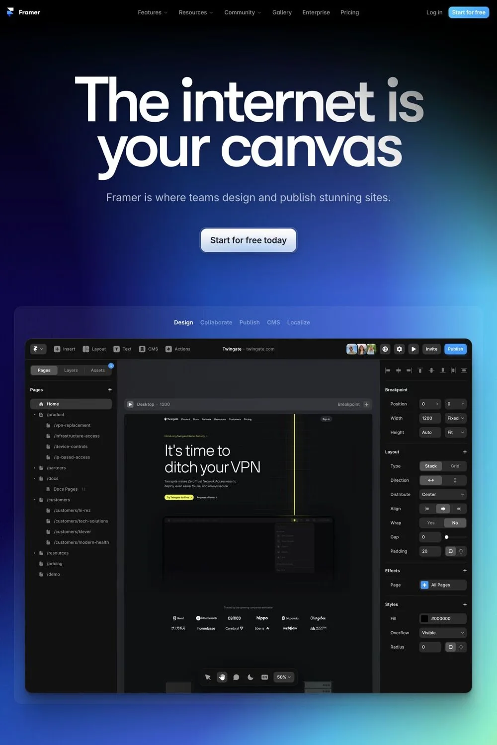 Framer — screenshot of a design landing page in black and blue, with big type and gradients