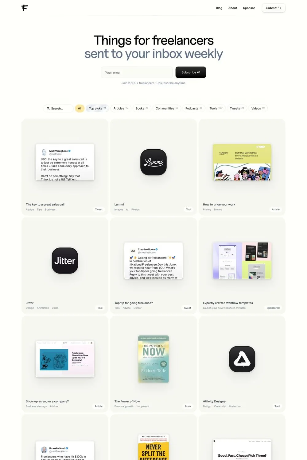 Freelance Things — screenshot of a minimal, skeuomorphic business directory site in white and beige