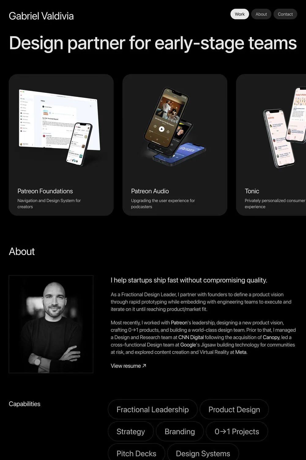 Gabriel Valdivia — screenshot of a black-and-white design portfolio site in black and white