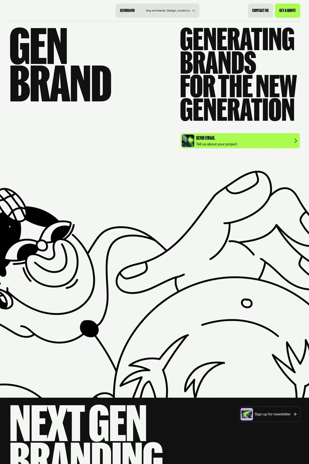 GENBRAND — screenshot of a neon, typographic design agency site in white and light green