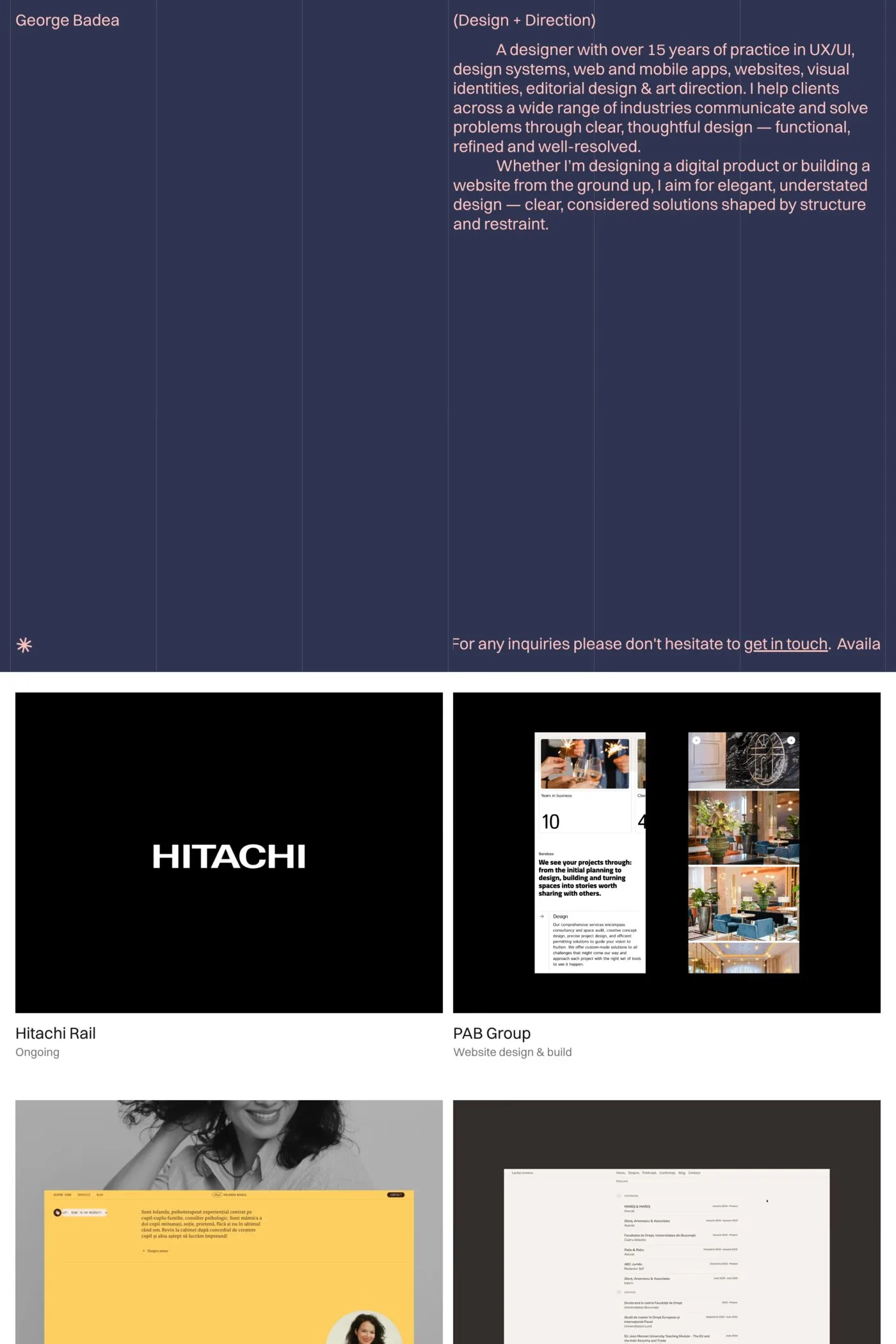 George Badea — screenshot of a minimal, black-and-white design portfolio site in dark blue and light pink