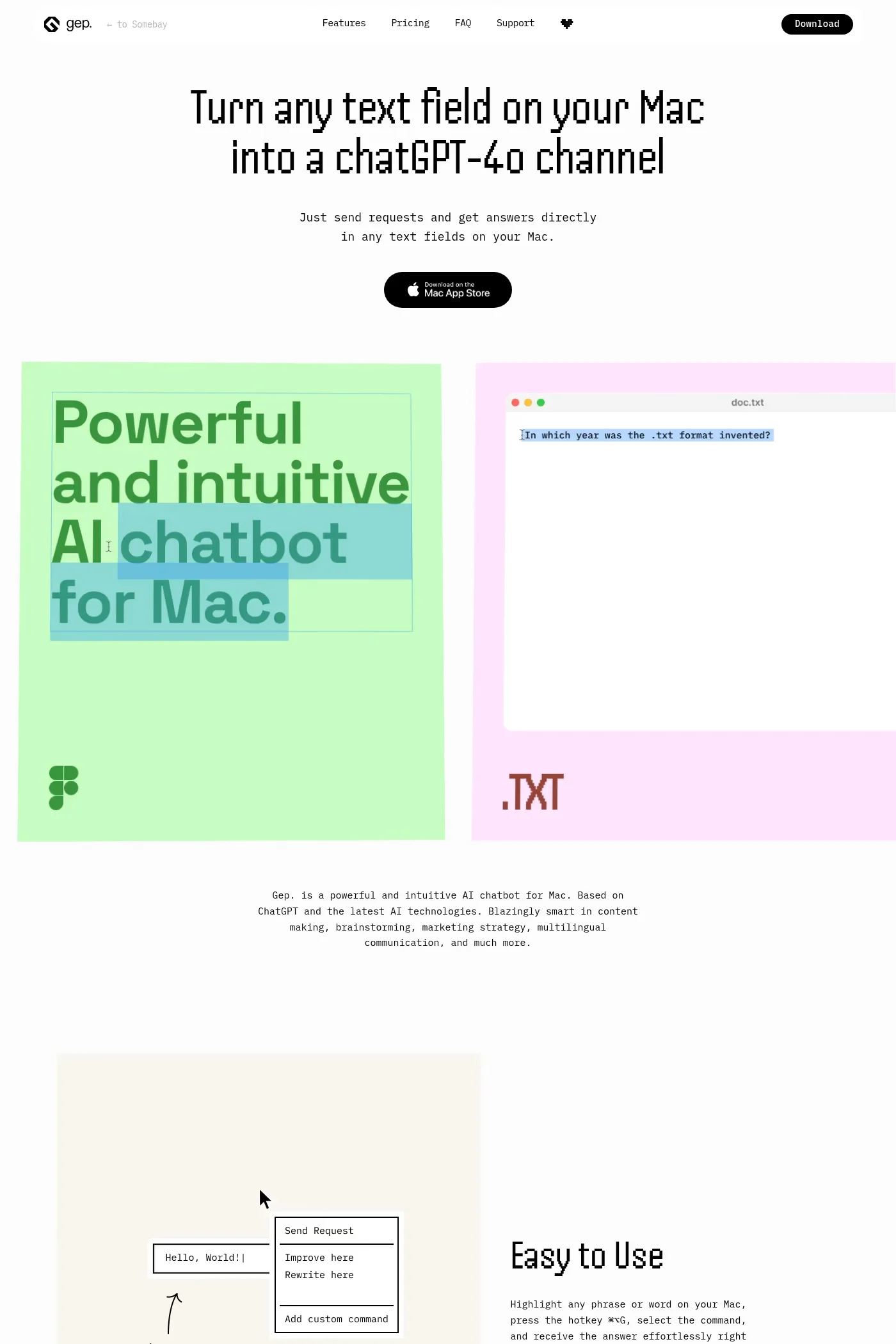 Gep — screenshot of a pixelated, pastel AI landing page in white and light green