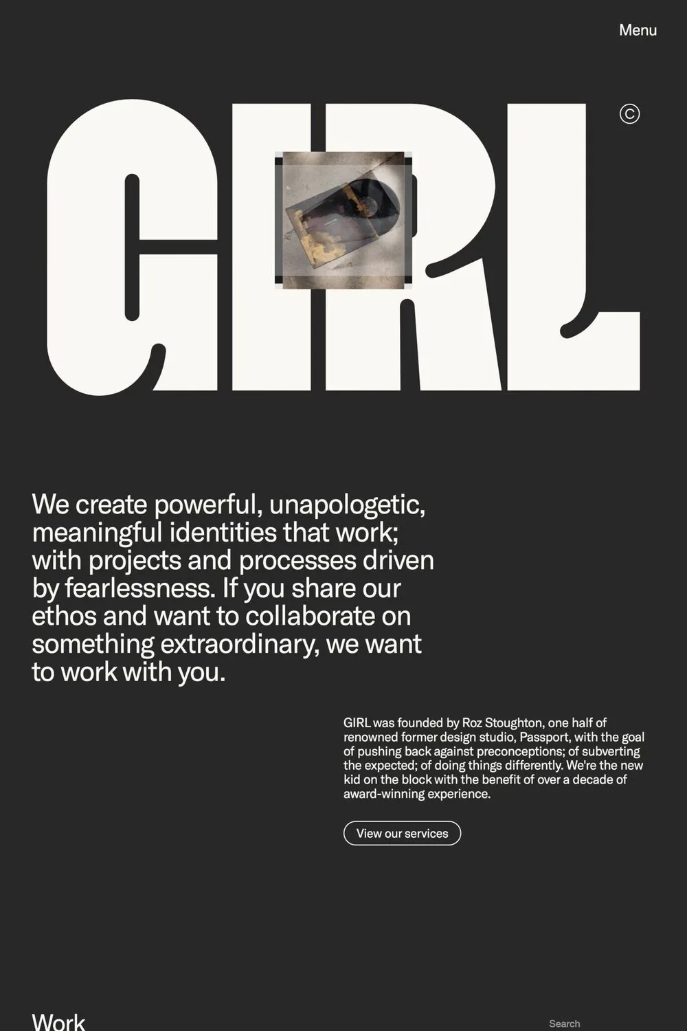 Girl — screenshot of a dark, typographic design agency site in black