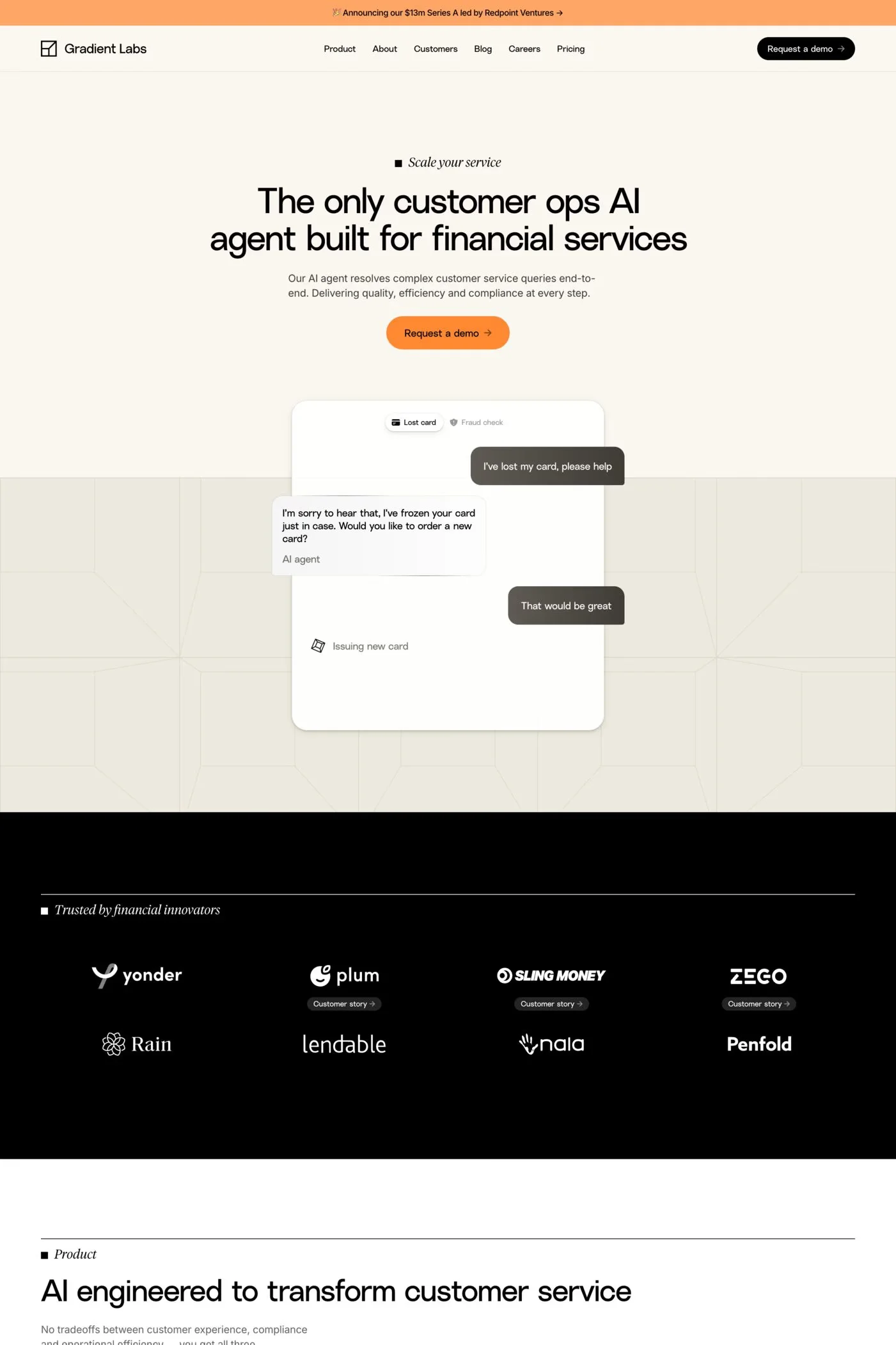 Gradient Labs — screenshot of a minimal, isometric AI landing page in beige and orange