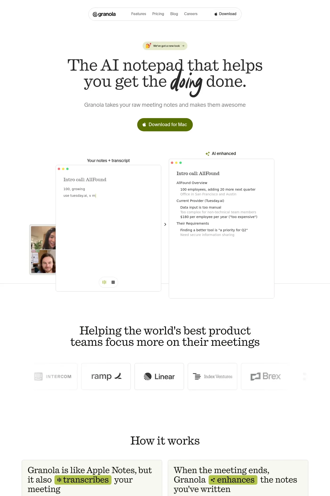 Granola — screenshot of a clean, hand-drawn AI landing page in white and dark green