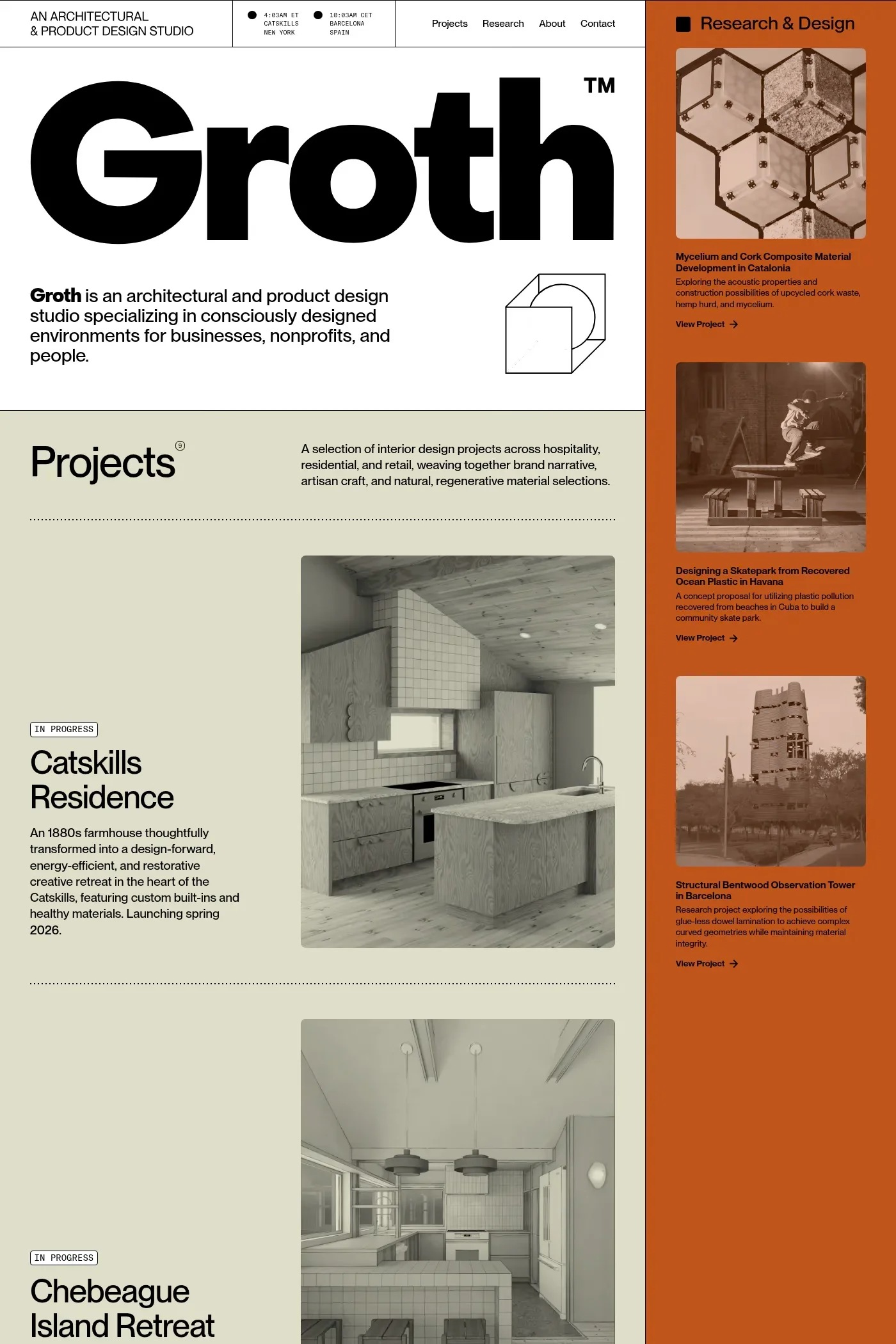 Groth Studio — screenshot of a typographic design agency site in white and beige