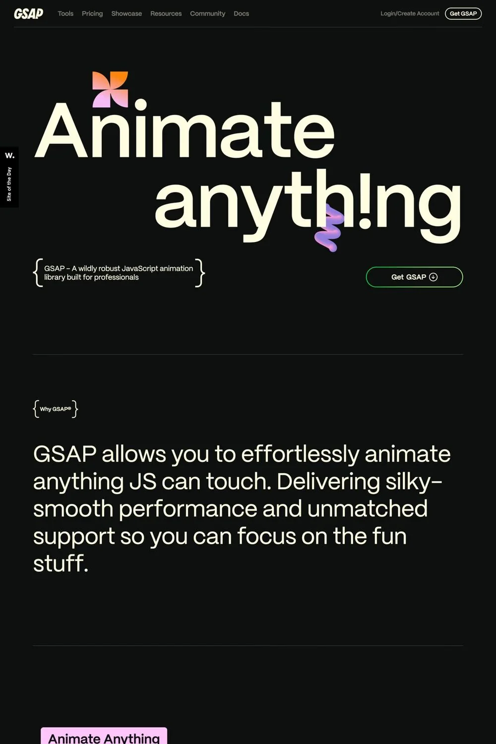 GSAP — screenshot of a dark development landing page in black and cream