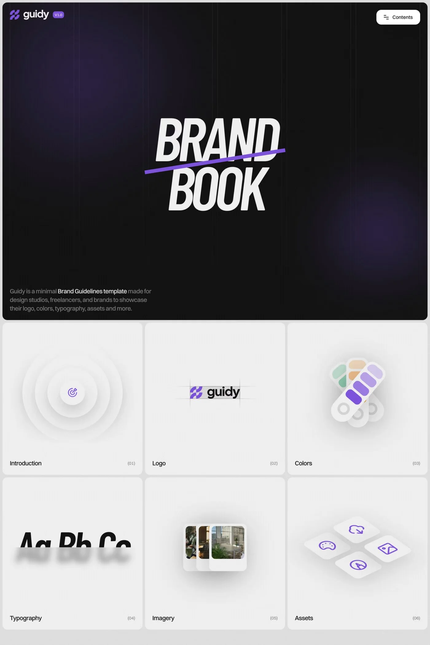 Guidy — screenshot of a minimal, hand-drawn design directory template in dark blue and light grey