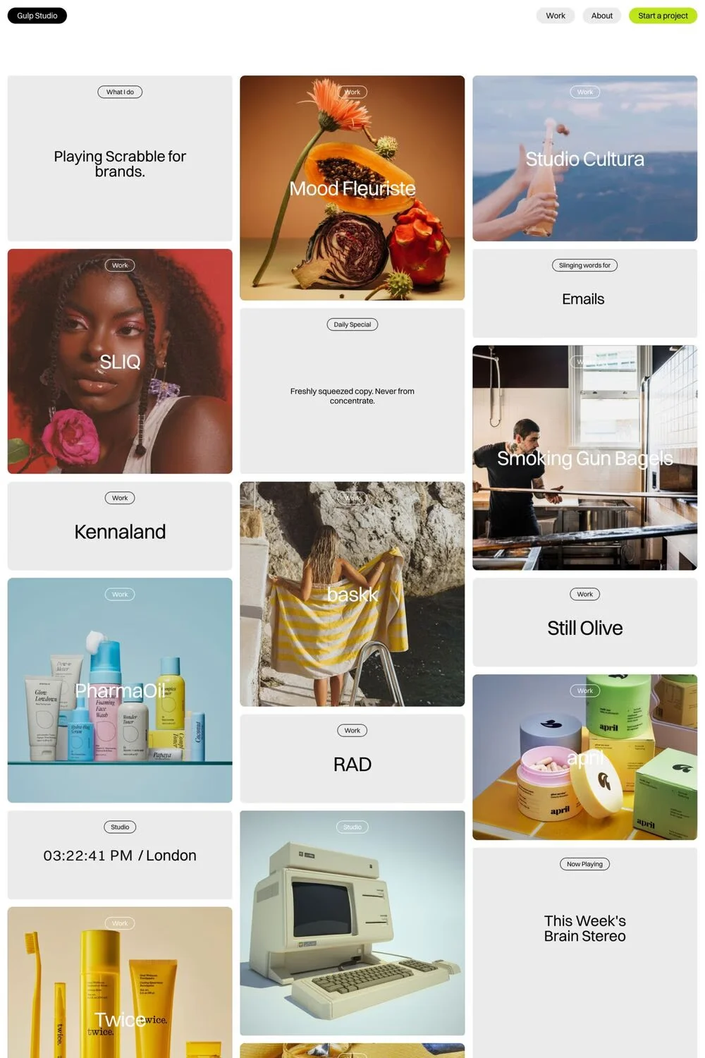 Gulp Studio — screenshot of a minimal writing portfolio site in white and green