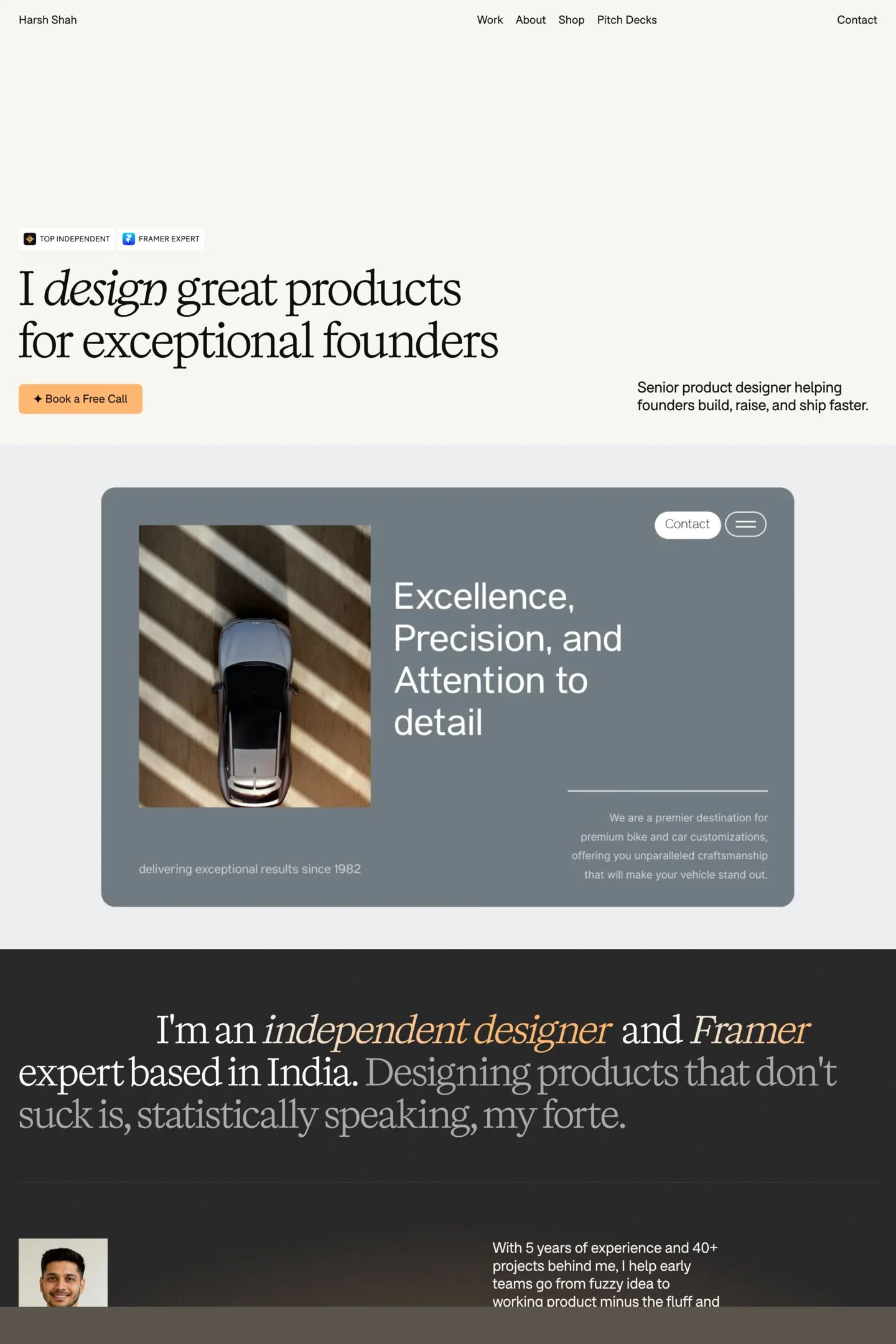 Harsh Shah — screenshot of a typographic, bright design portfolio site in beige and orange