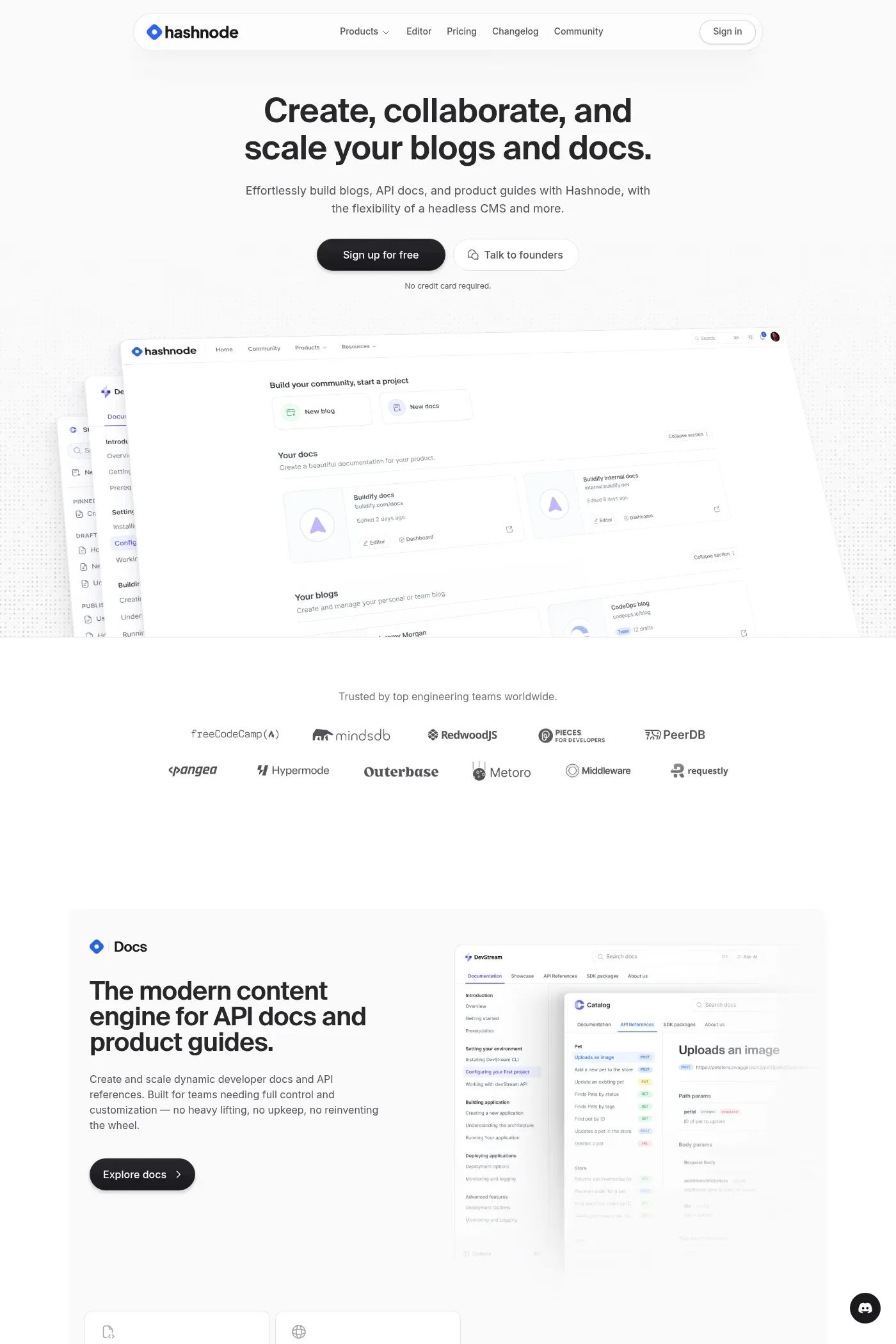 Hashnode — screenshot of a development landing page in blue and white, with patterns and a bento grid