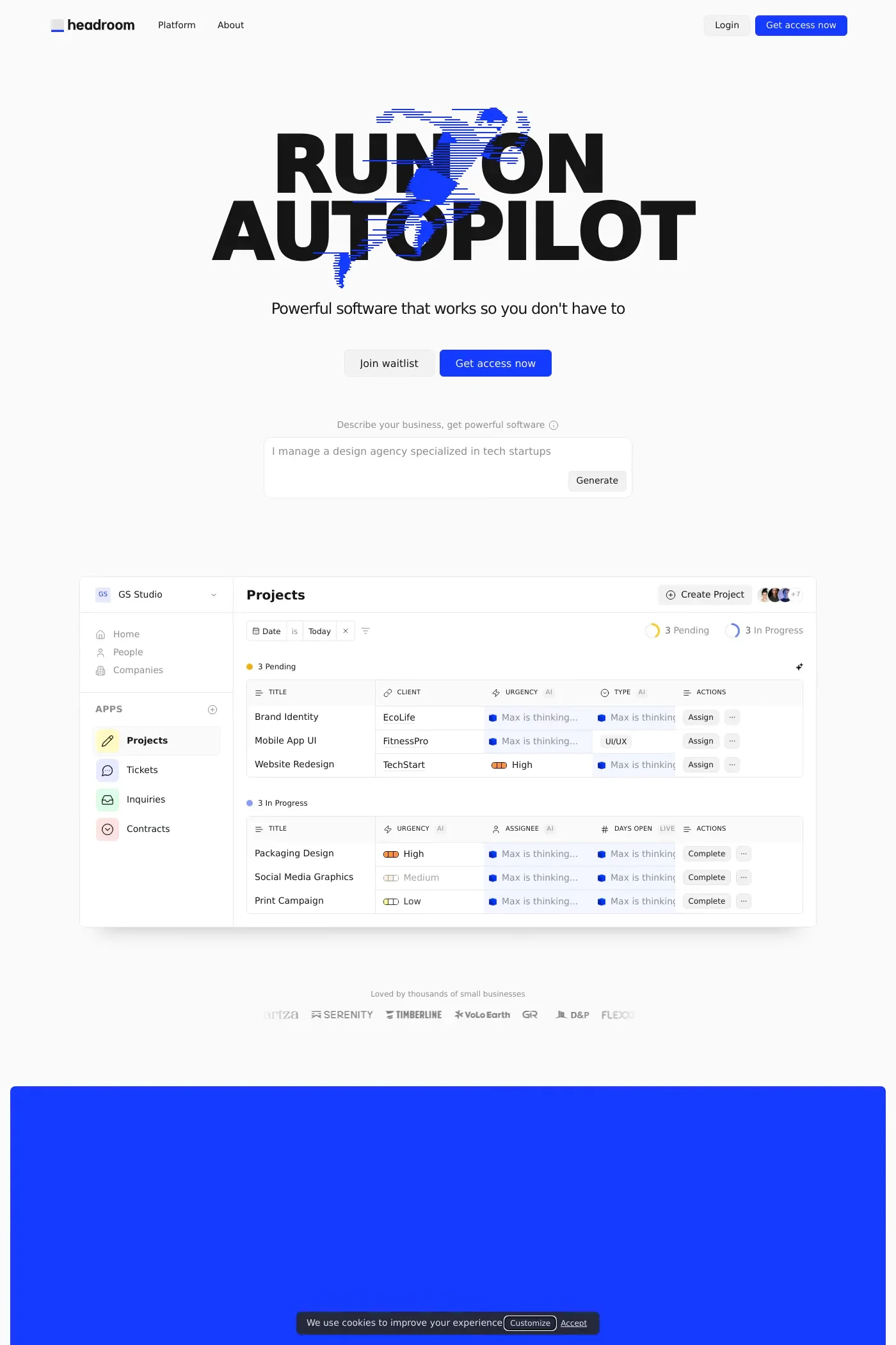 Headroom — screenshot of a light AI landing page in white and light grey