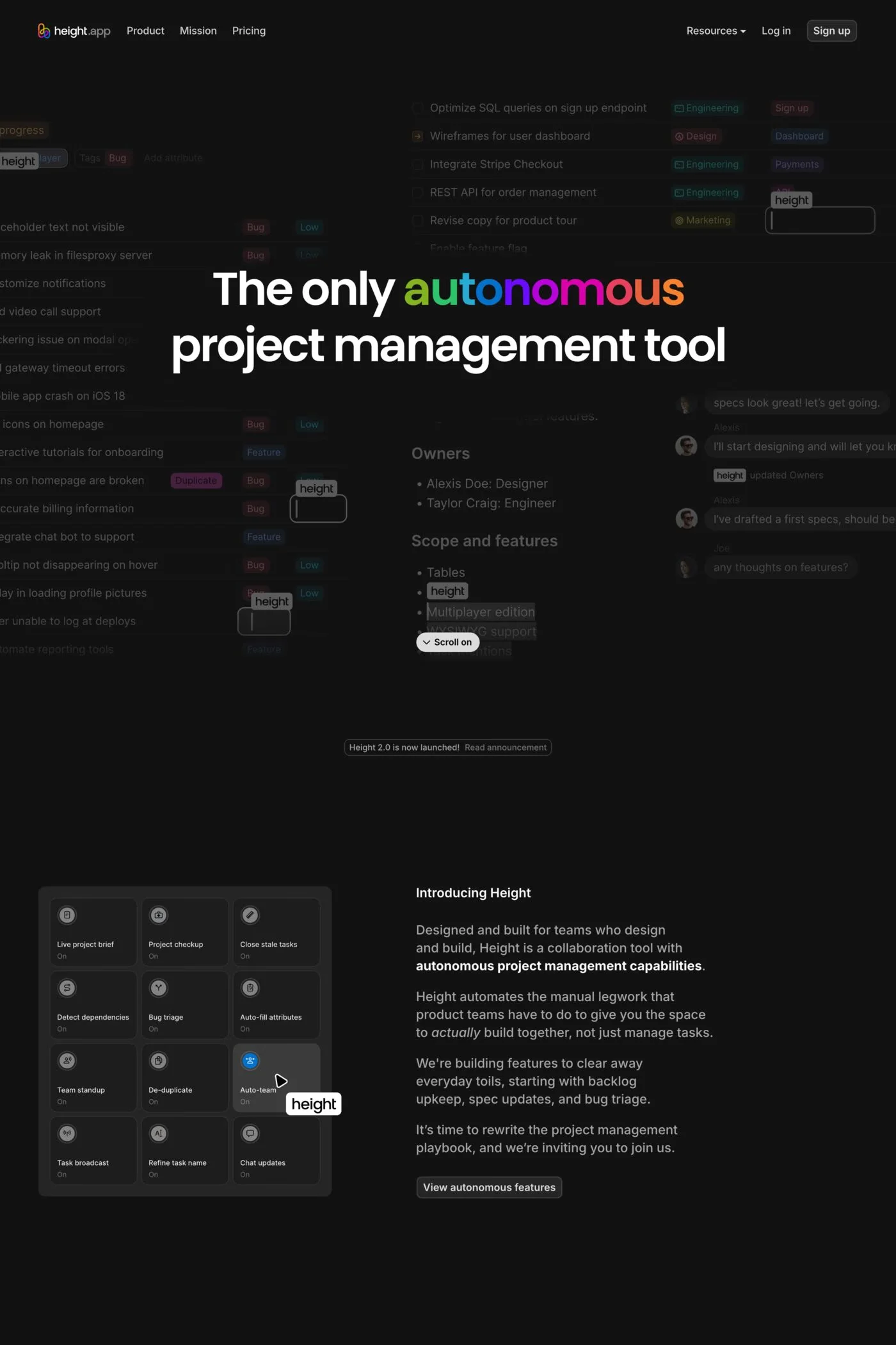 Height — screenshot of a dark, multi-coloured AI landing page in black and dark grey