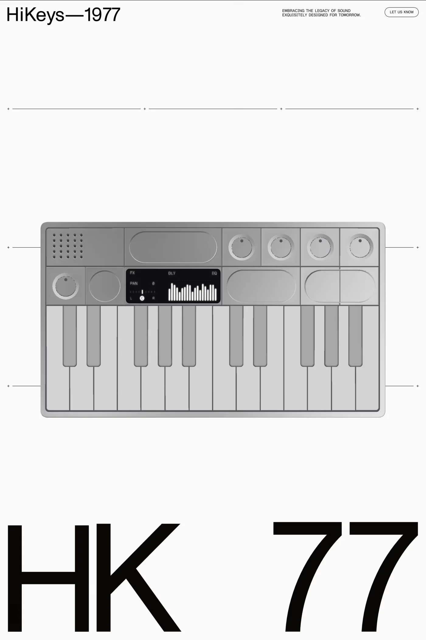 HiKeys—1977 — screenshot of a 3D, typographic music landing page in white and light grey
