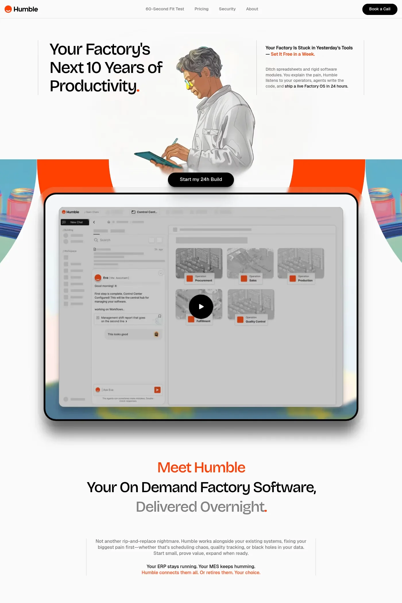 Humble — screenshot of a techy, clean AI landing page in orange and white