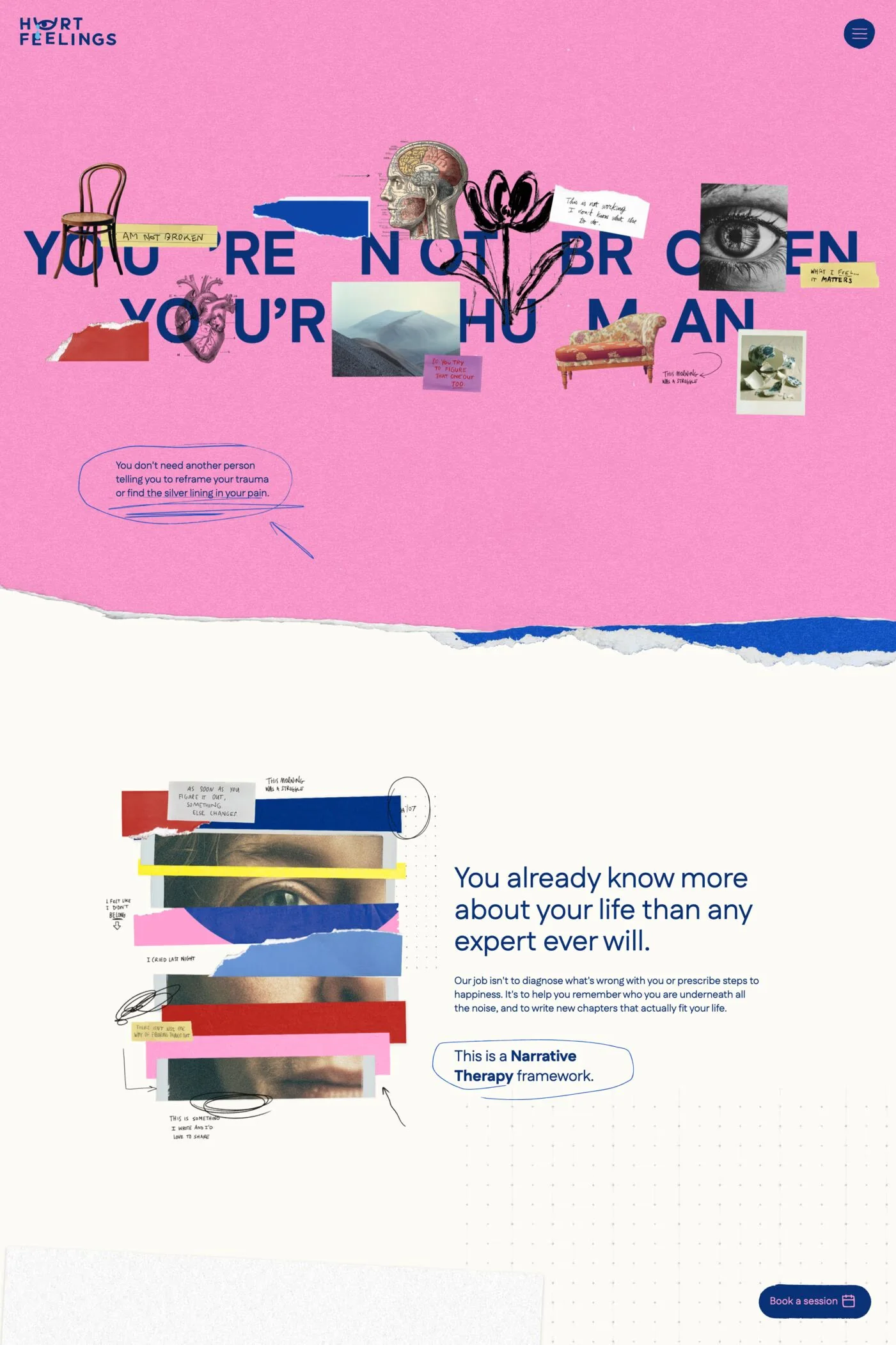 Hurt Feelings — screenshot of a hand-drawn, typographic professional services landing page in pink and dark blue