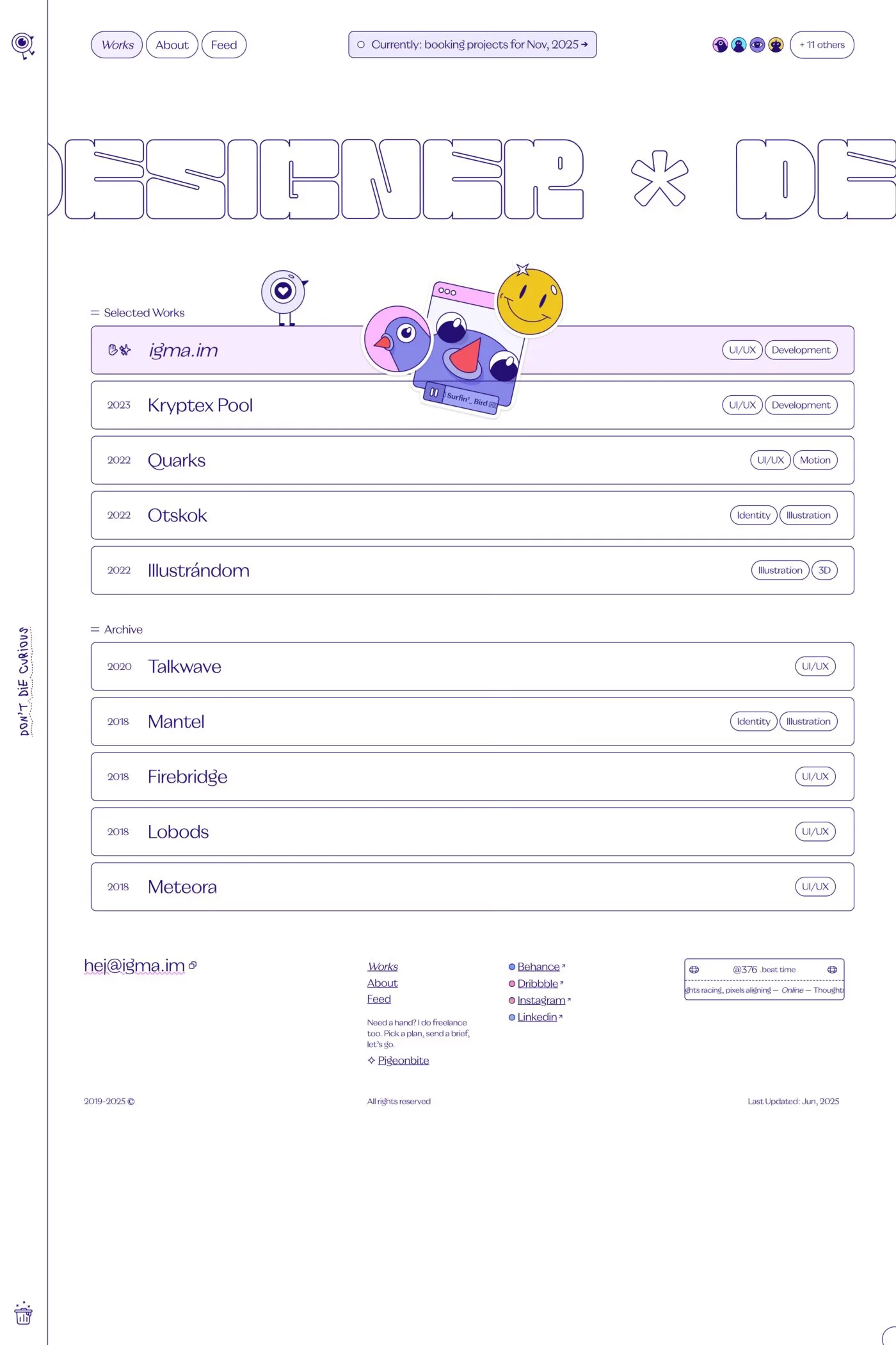 Igma — screenshot of a fun design portfolio site in white and purple
