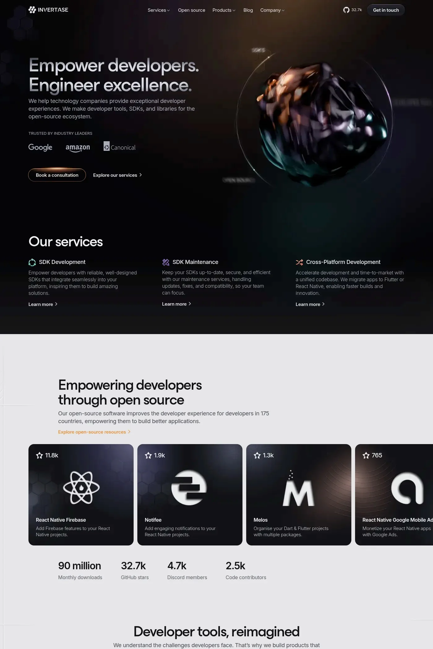 Invertase — screenshot of a techy, 3D development landing page in black and orange