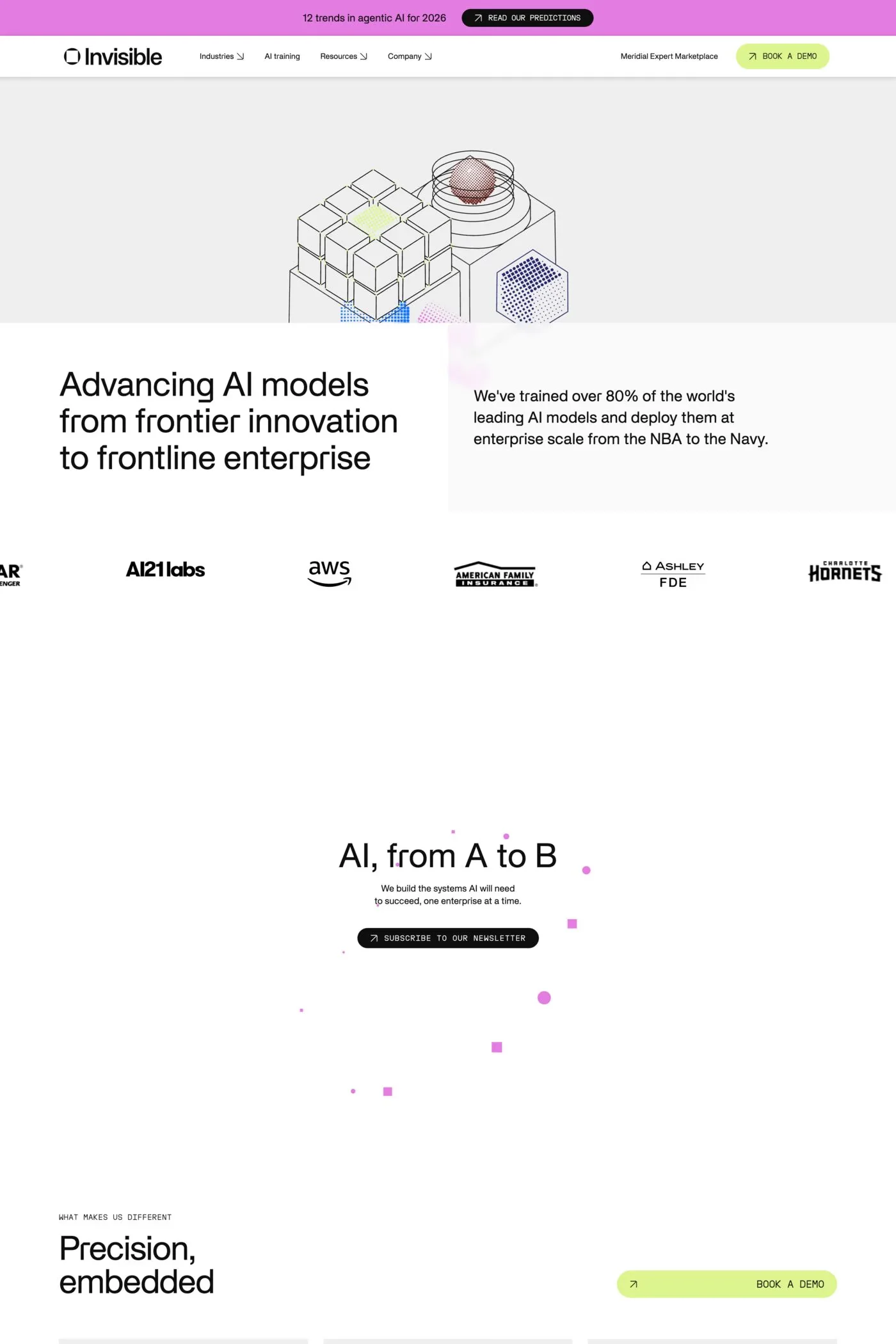 Invisible Technologies — screenshot of an isometric AI landing page in white and light grey