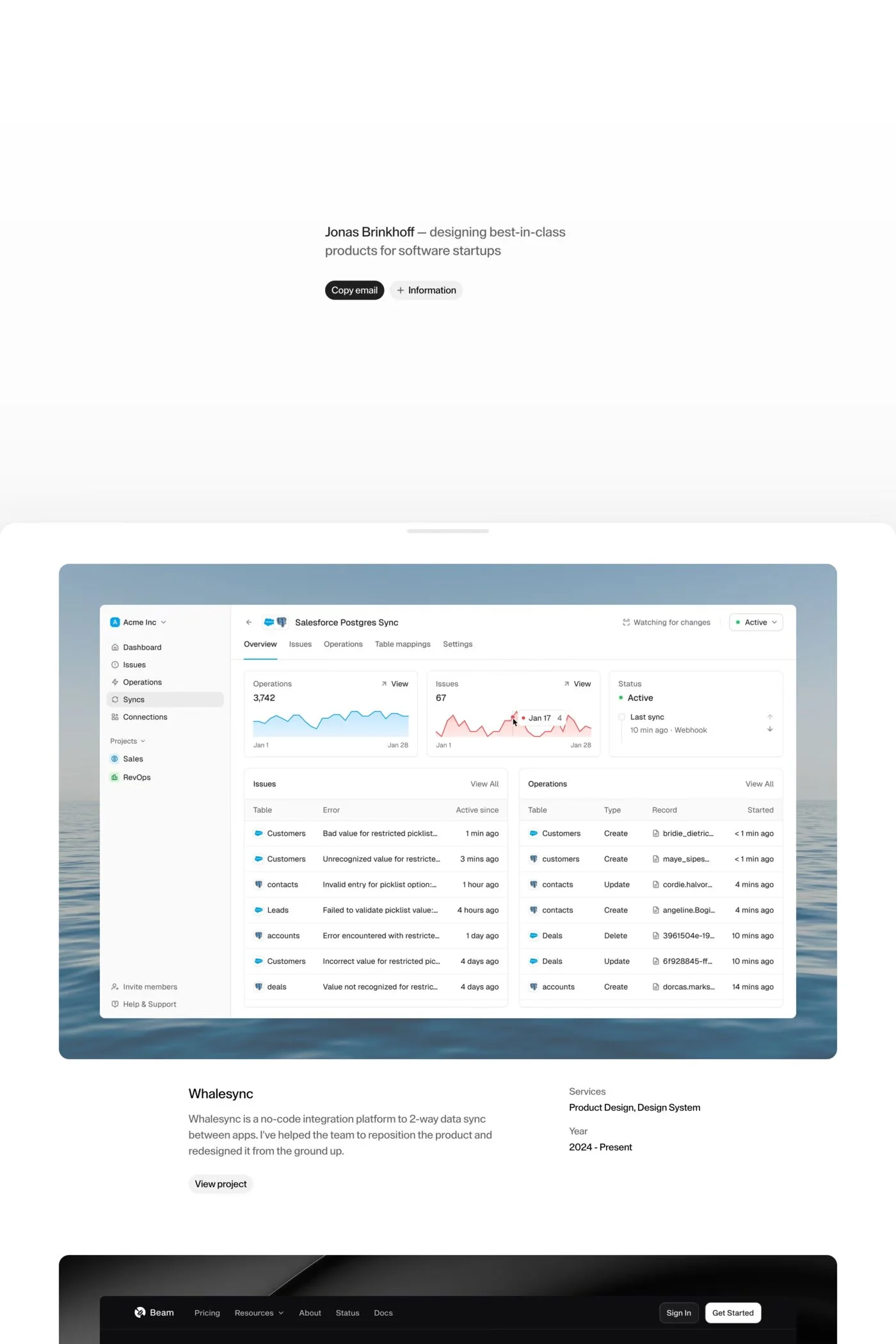 Jonas Brinkhoff — screenshot of a minimal, black-and-white design portfolio site in white and light grey