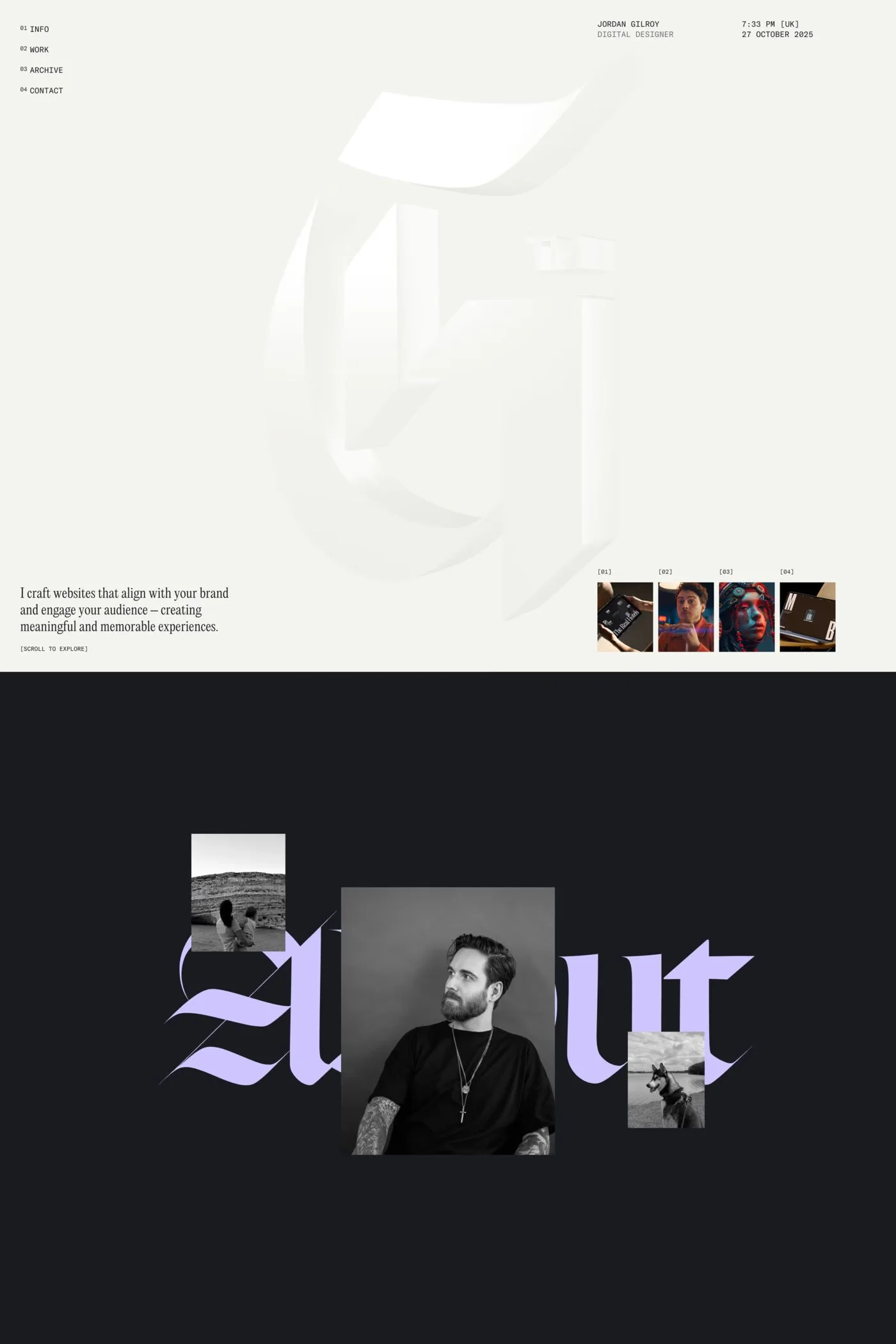 Jordan Gilroy — screenshot of a minimal, typographic design portfolio site in black and light grey