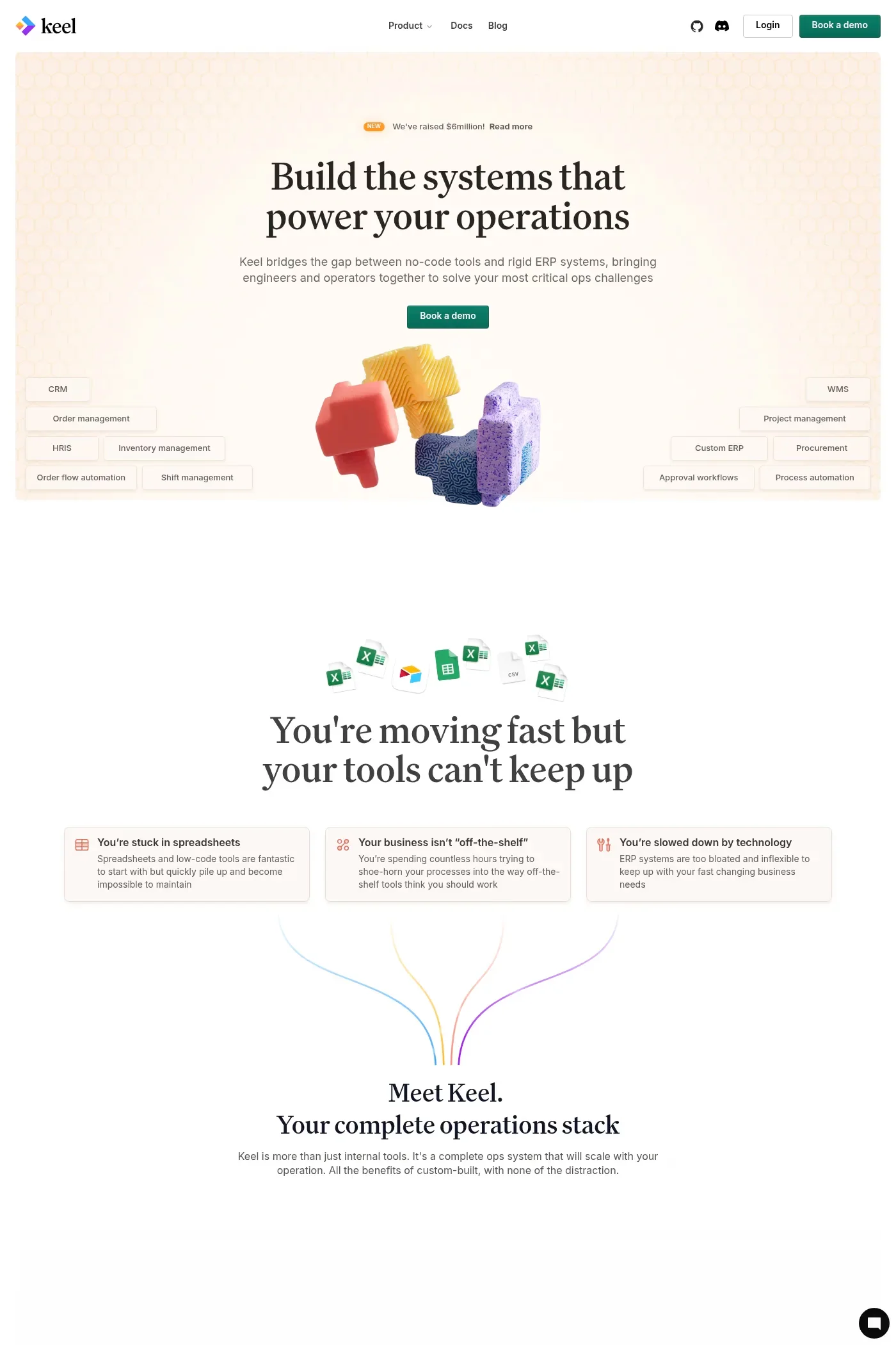 Keel — screenshot of a 3D, isometric productivity landing page in light orange and dark green