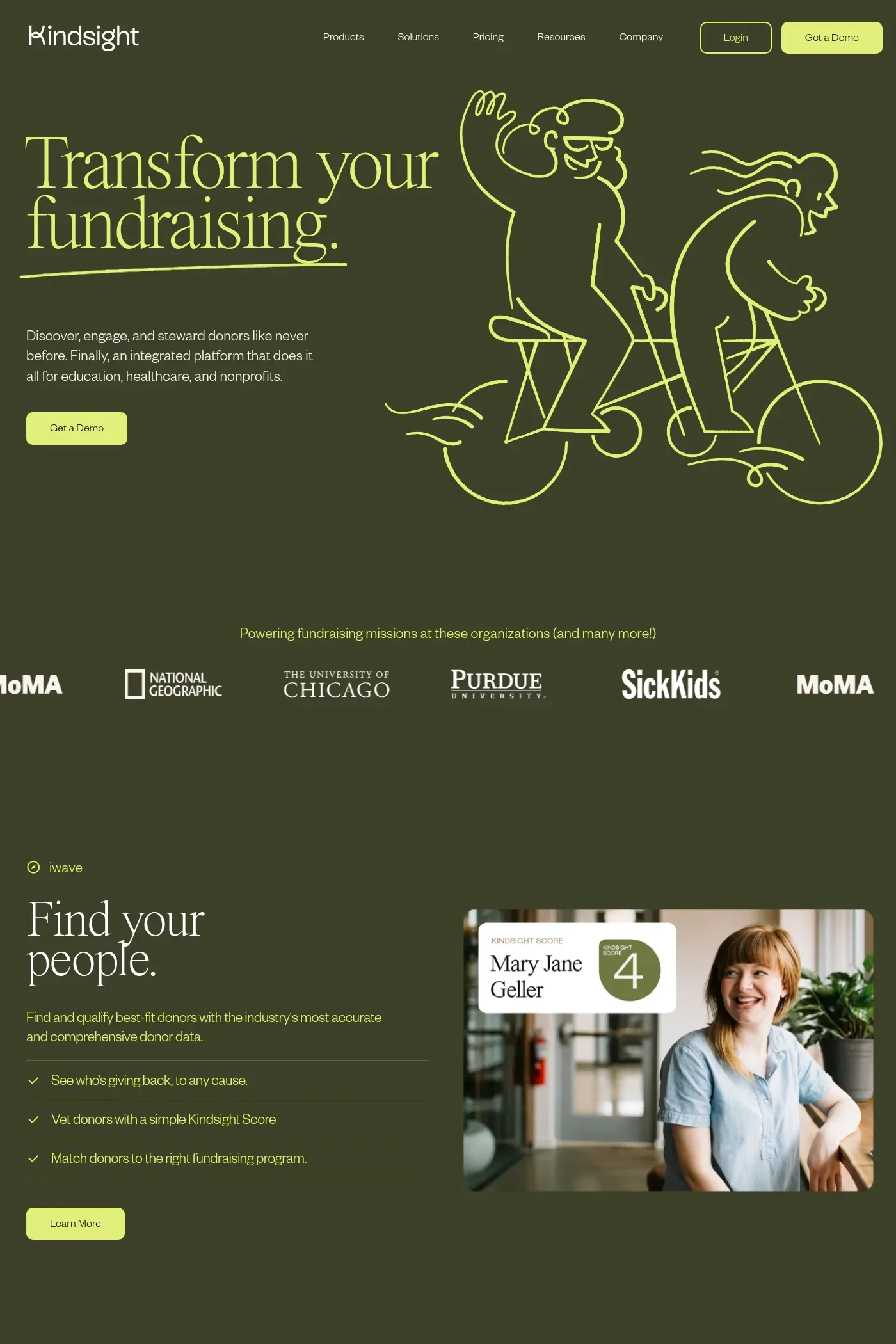 Kindsight — screenshot of a hand-drawn, colourful charity landing page in dark green and light green