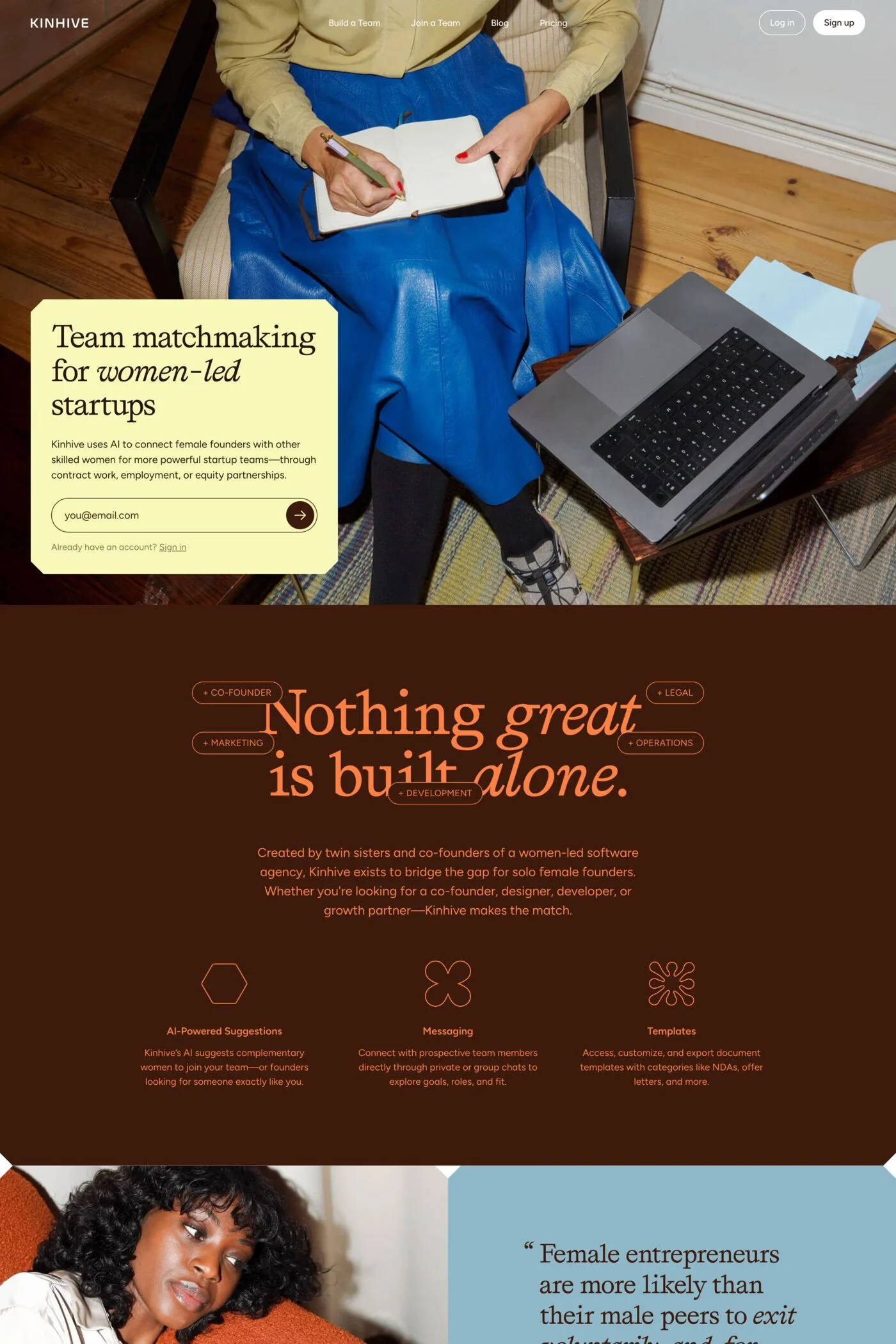 Kinhive — screenshot of a colourful business landing page in yellow and dark red