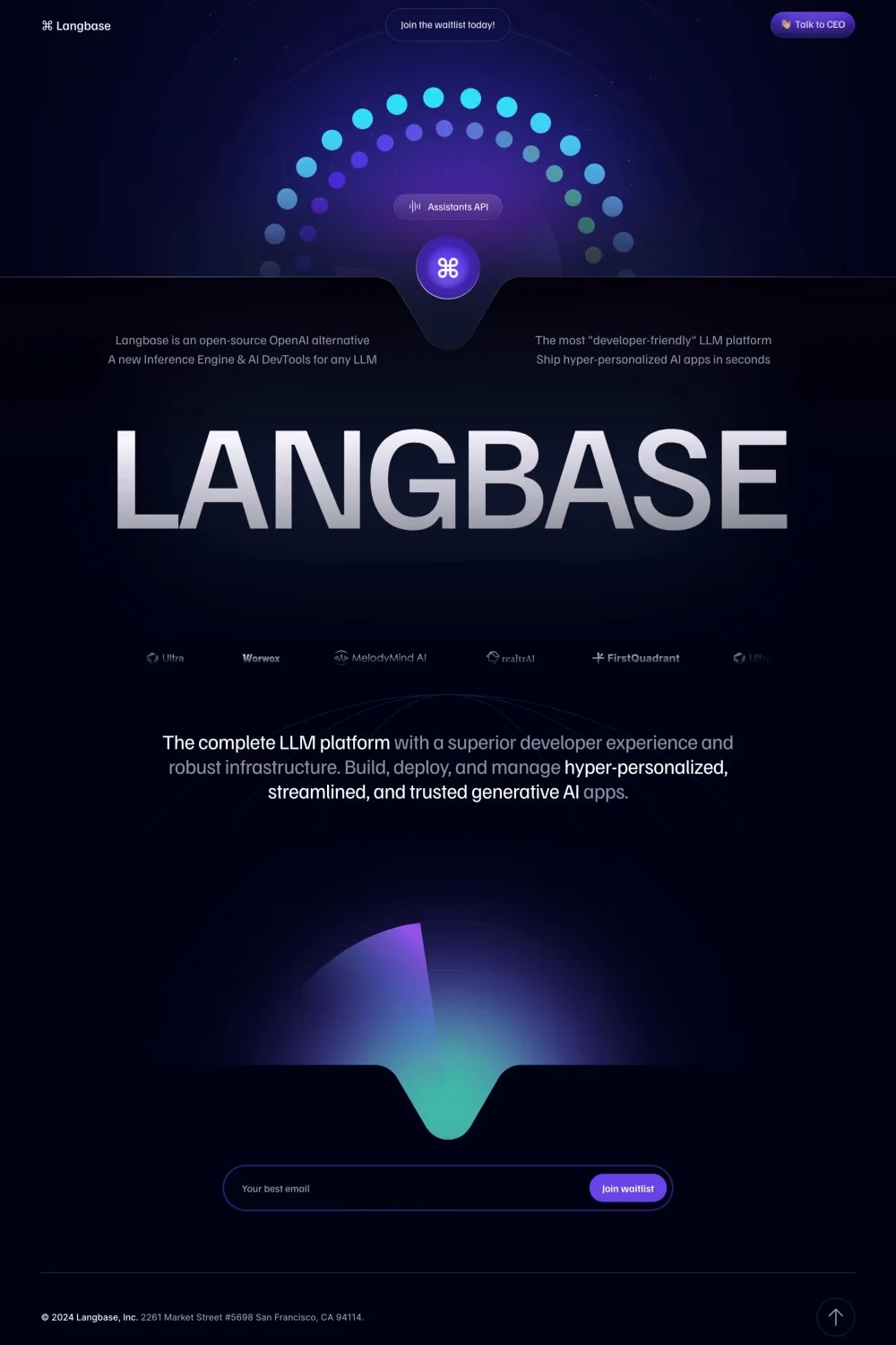 Langbase — screenshot of a dark technology landing page in dark blue and light blue