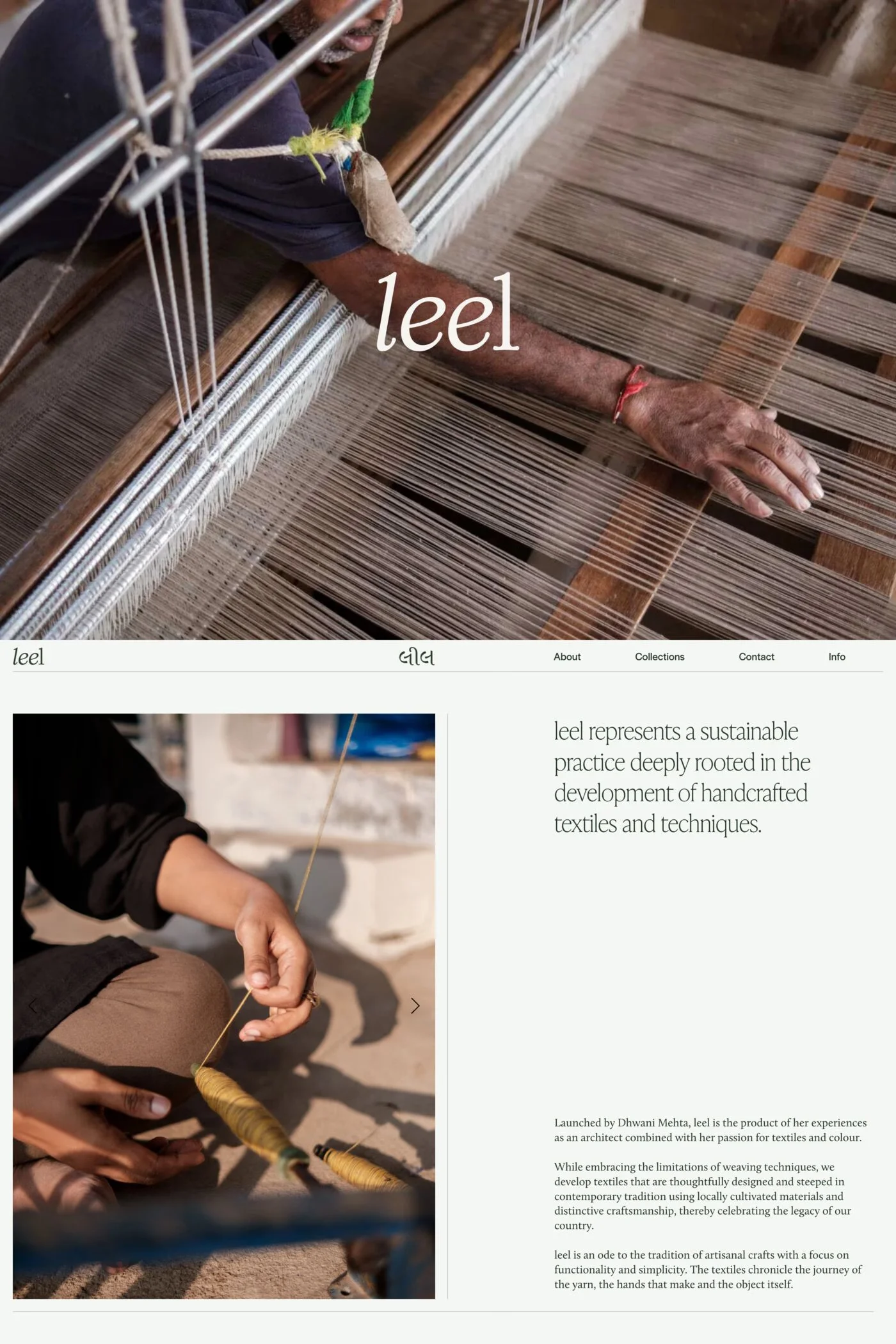 Leel — screenshot of a fashion online shop in beige and dark green, with line work and serif type