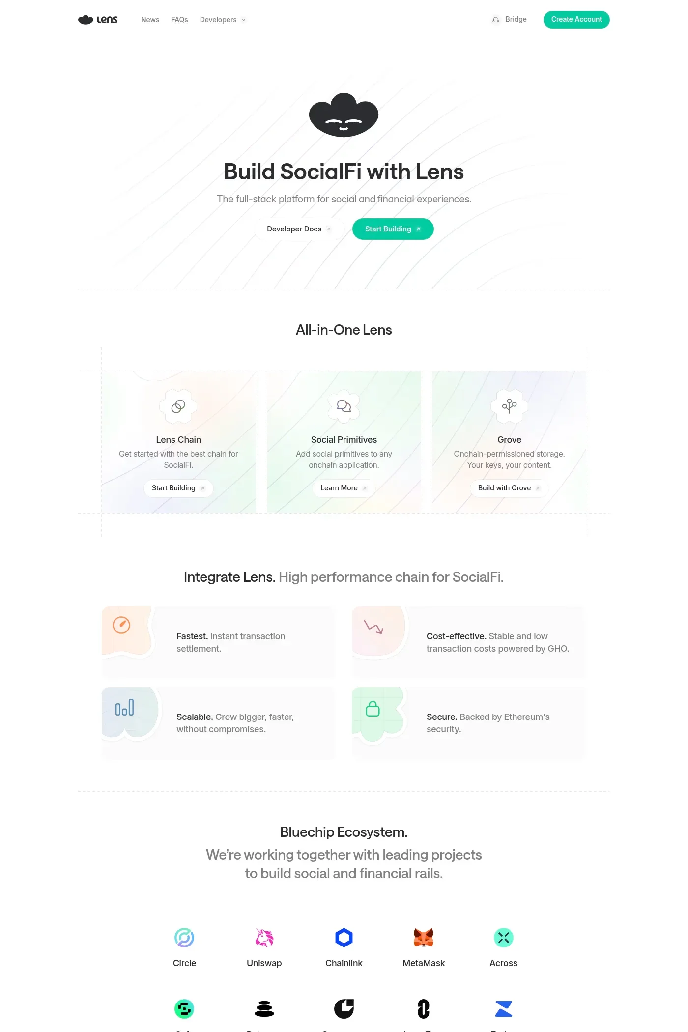 Lens — screenshot of a clean, minimal Web3 and crypto landing page in white and green