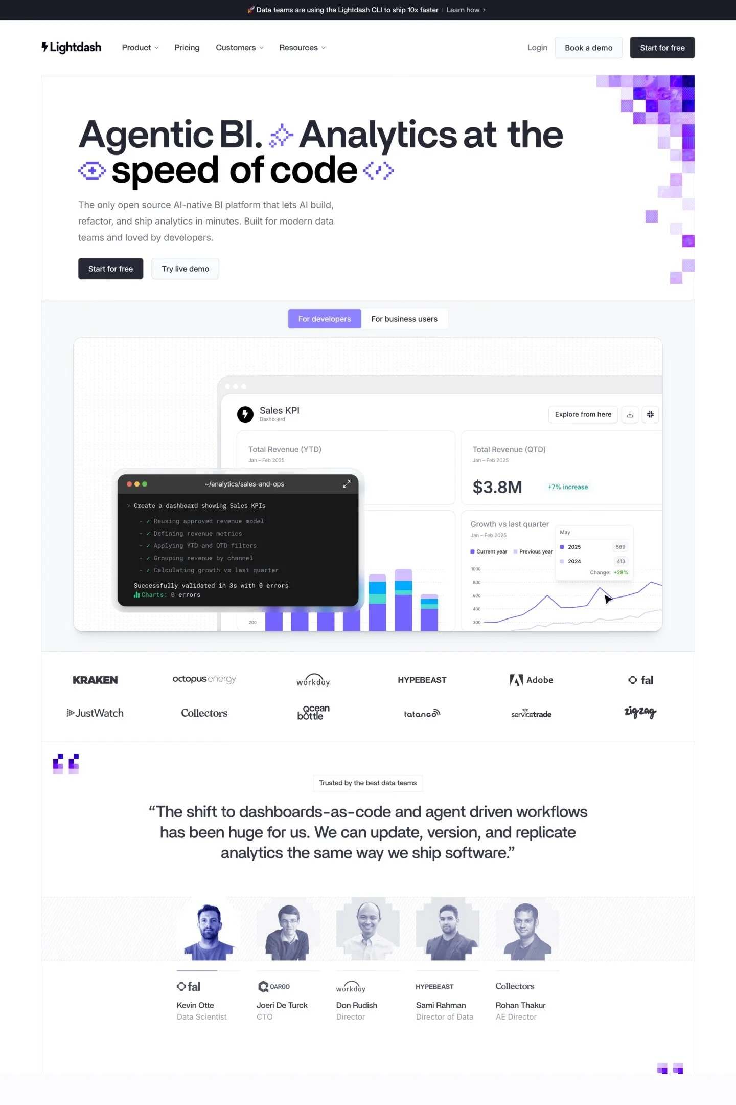 Lightdash — screenshot of a light, clean software landing page in white and light grey