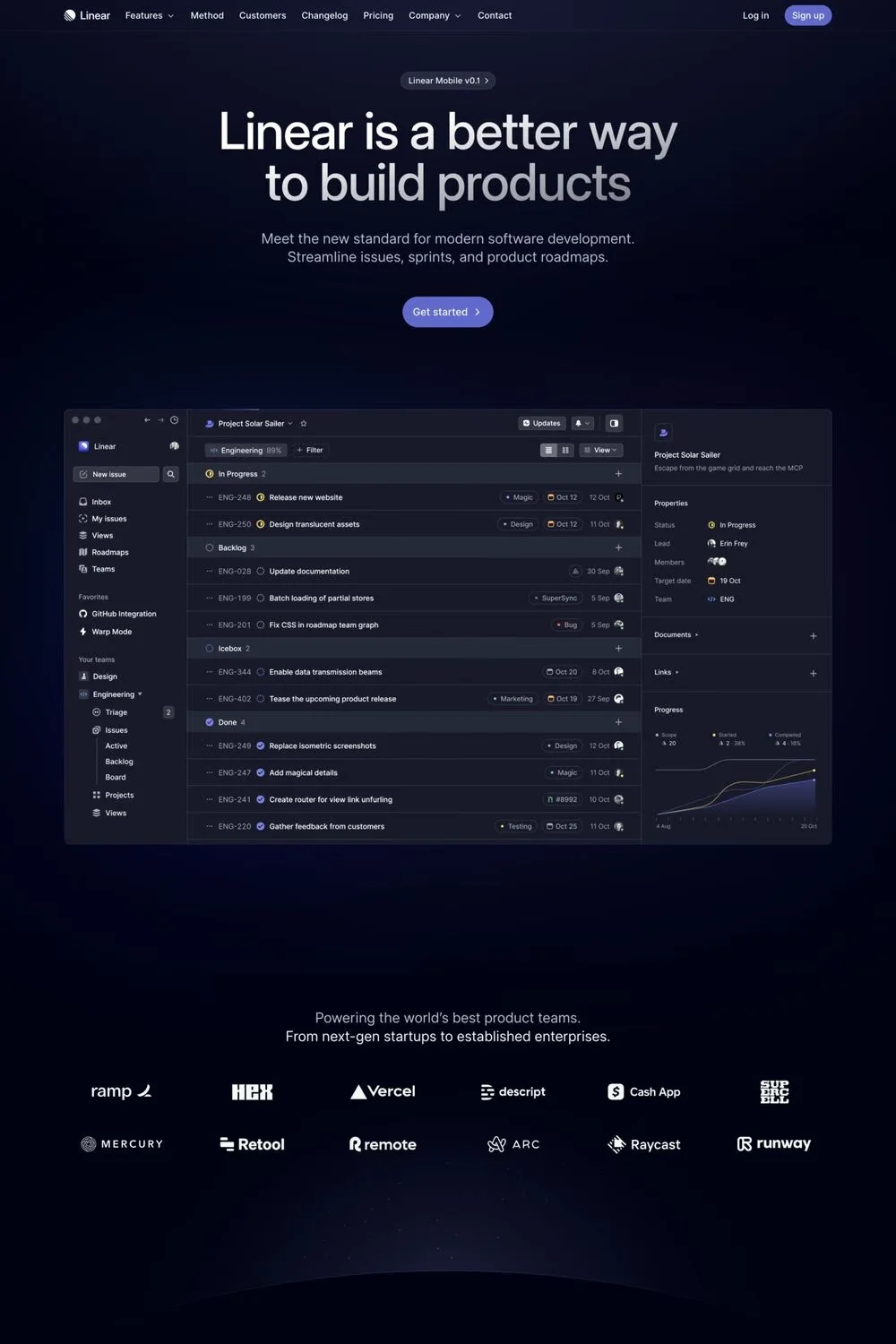 Linear — screenshot of a dark software landing page in dark blue and purple