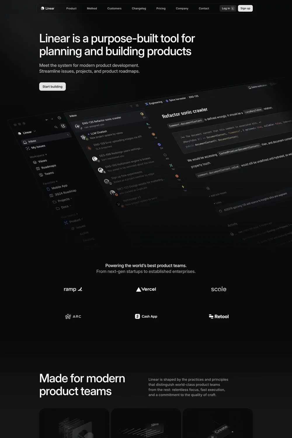 Linear — screenshot of a dark, minimal productivity landing page in black