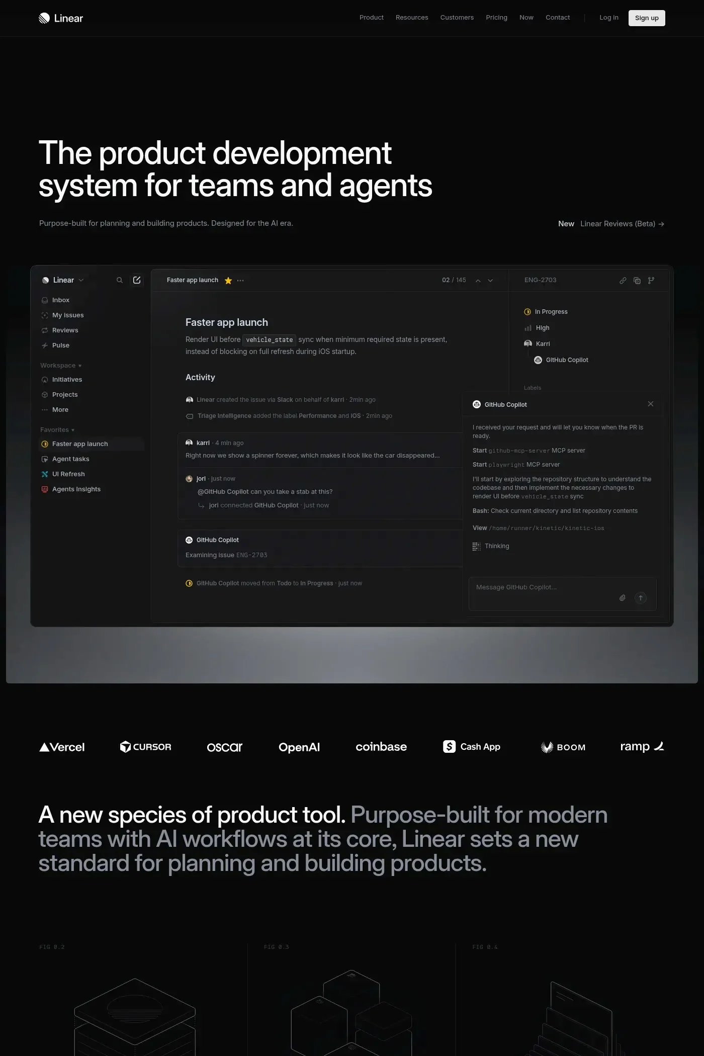 Linear — screenshot of a dark, techy software landing page in black and dark grey