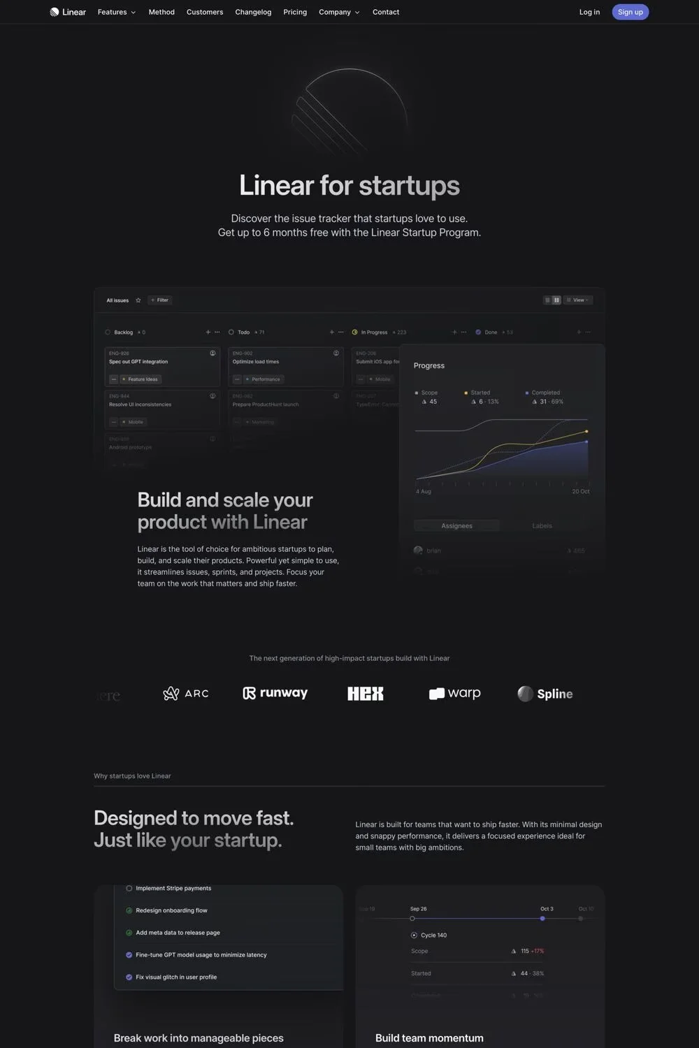 Linear for Startups — screenshot of a development landing page in black and purple