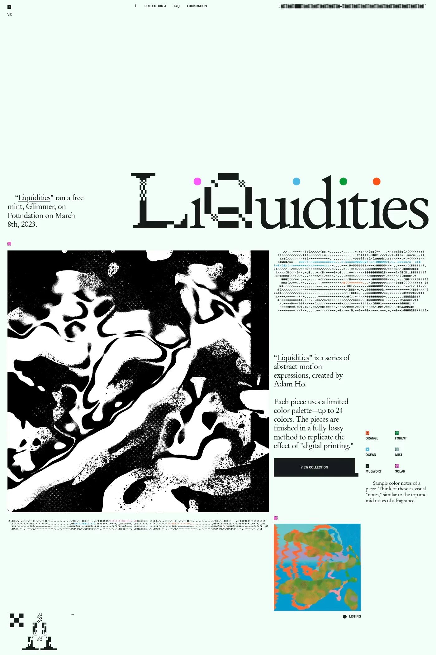Liquidities — screenshot of a minimal, editorial Web3 and crypto portfolio site in white and dark grey
