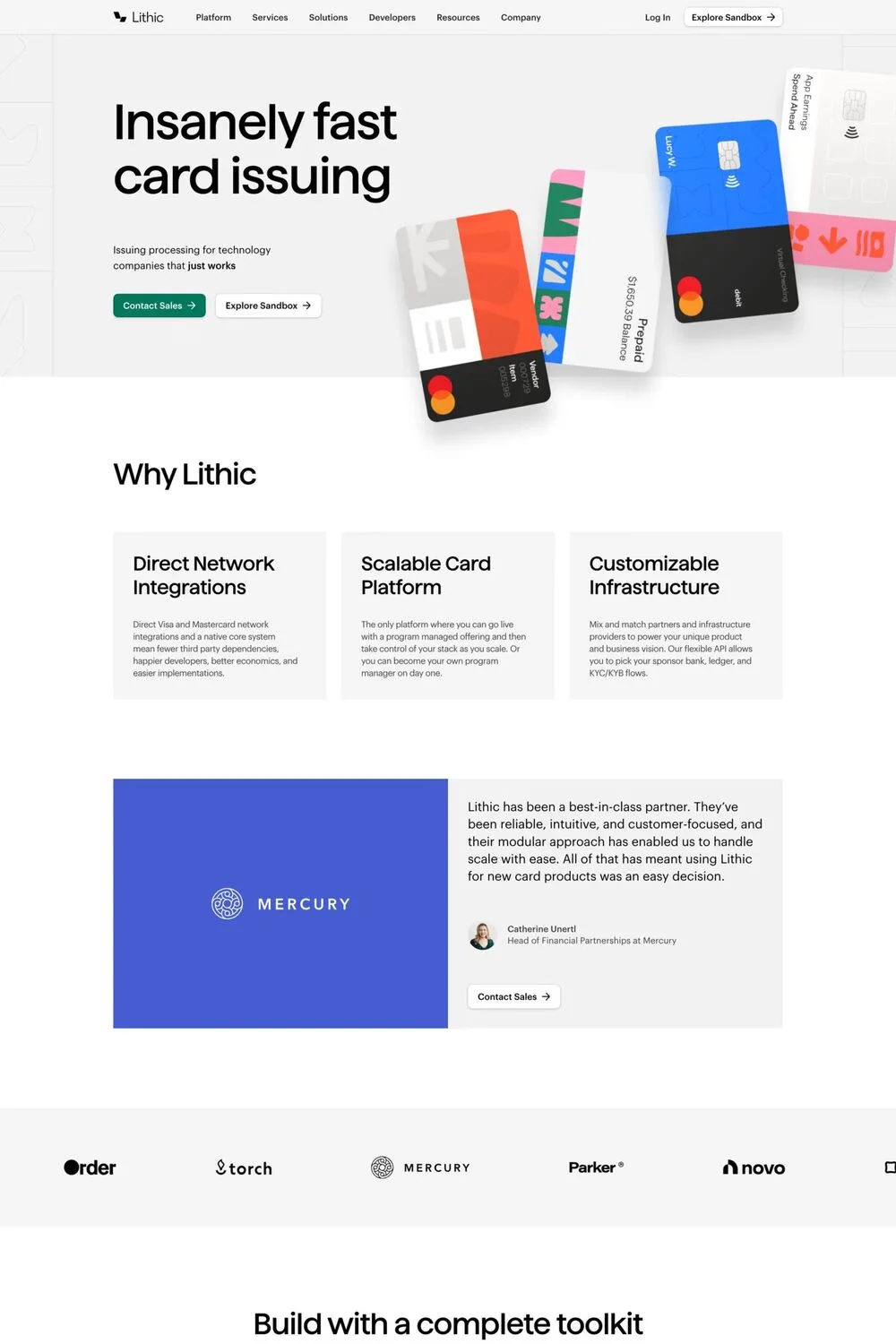 Lithic — screenshot of a minimal finance landing page in grey and white