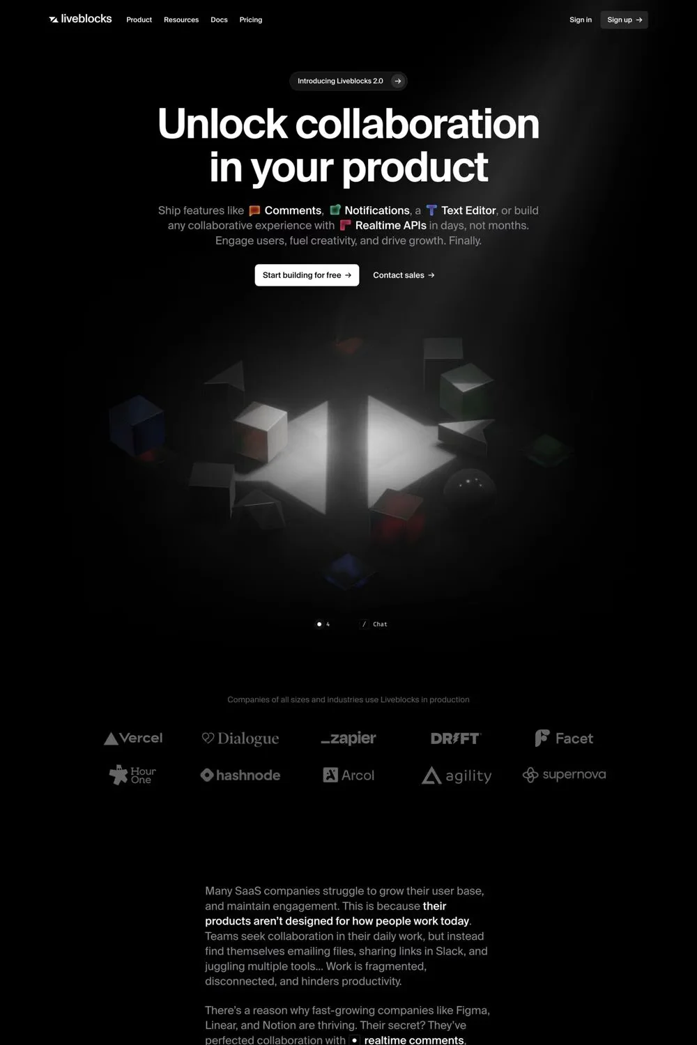 Liveblocks — screenshot of a dark productivity landing page in black