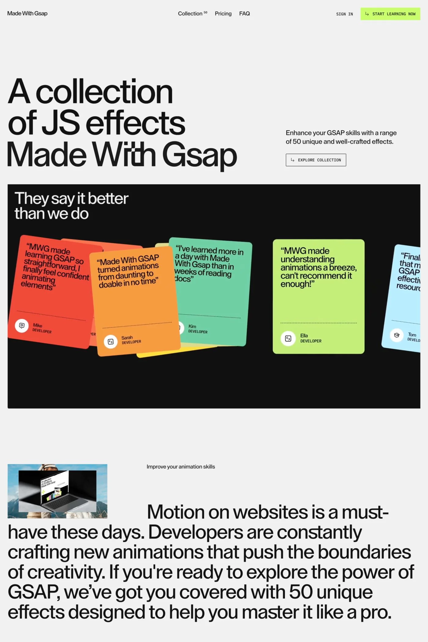 Made With Gsap — screenshot of a typographic development landing page in white and black