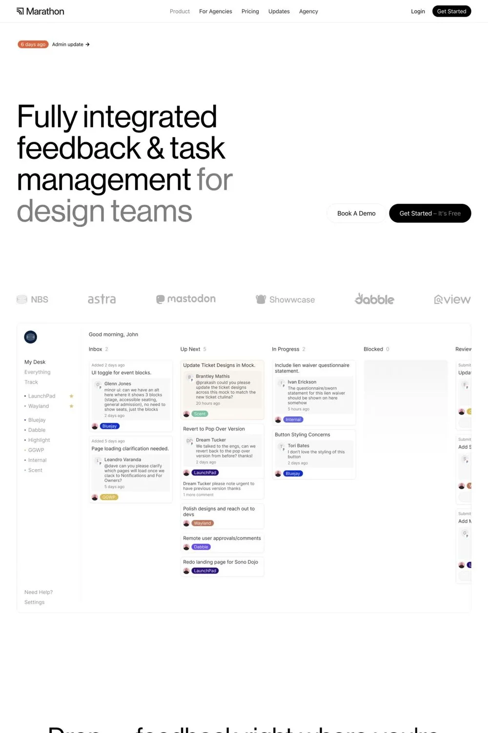Marathon — screenshot of a minimal, black-and-white productivity landing page in white and grey