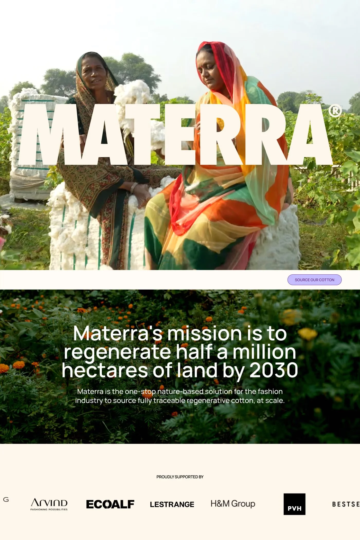 Materra — screenshot of a climate landing page in beige and light purple, with big type and photography